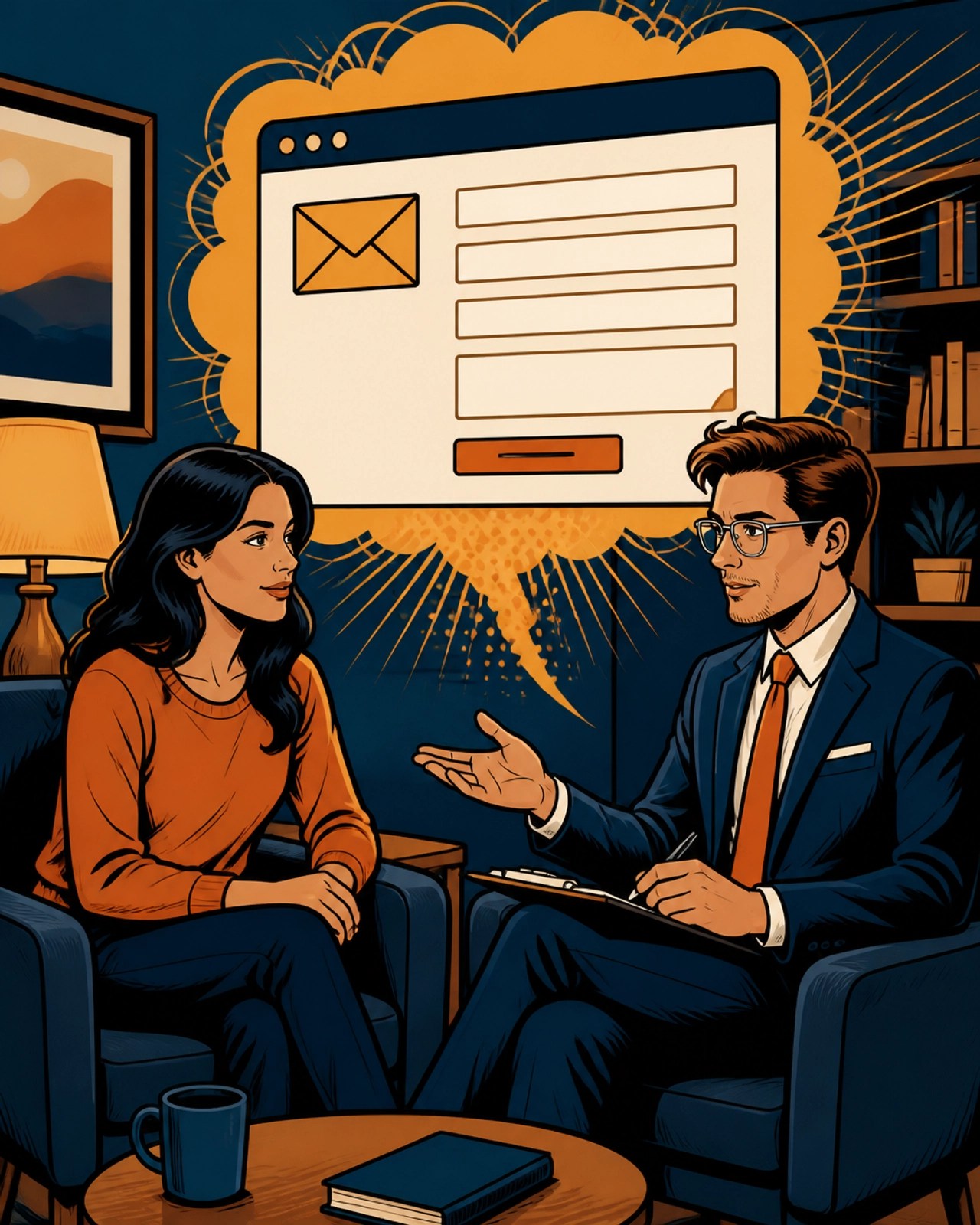 Two people talking comfortably in a therapy setting with a stylized website Contact form floating in the background