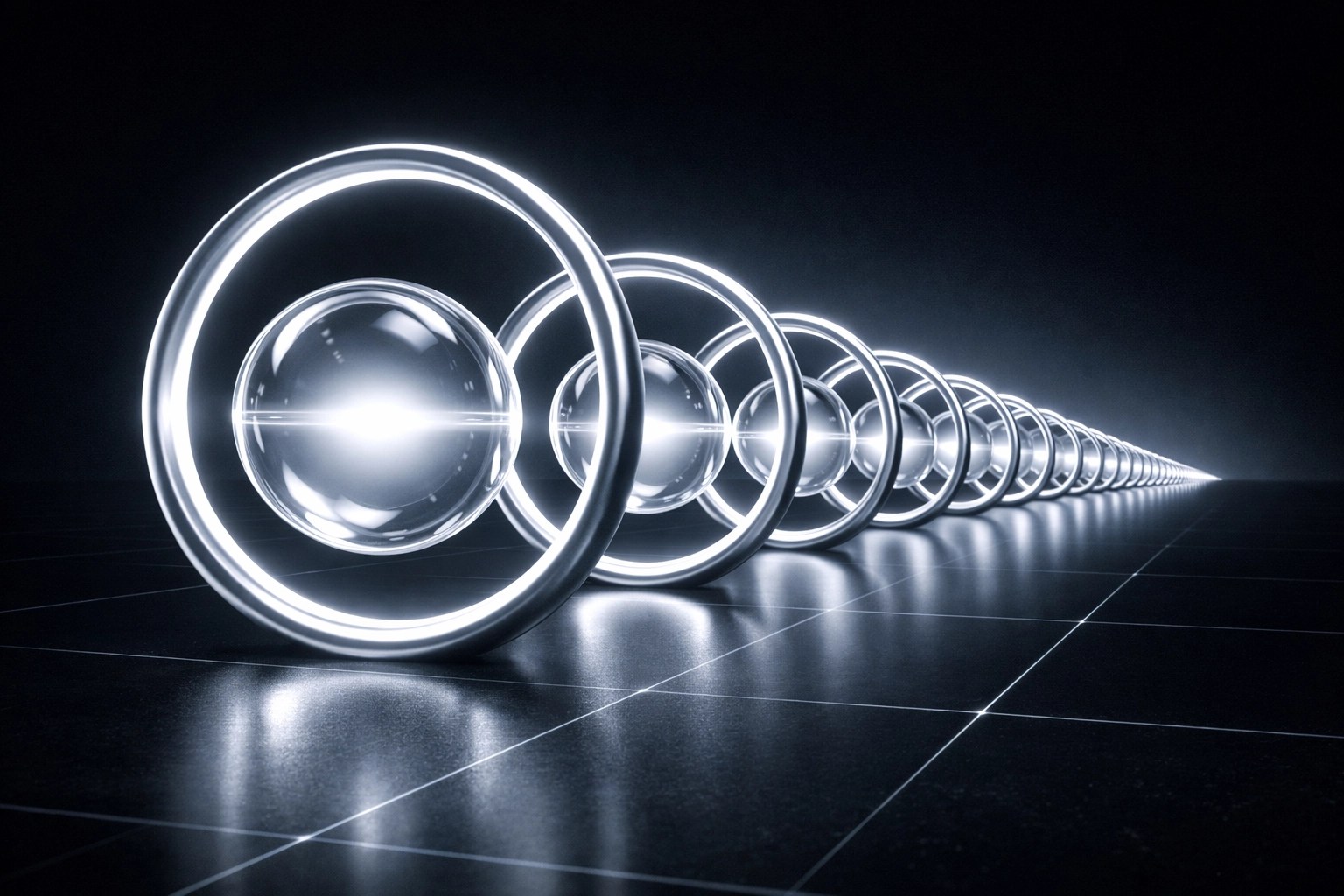 Glowing spheres moving through rings, representing efficient project handoffs and high-velocity web design workflows.