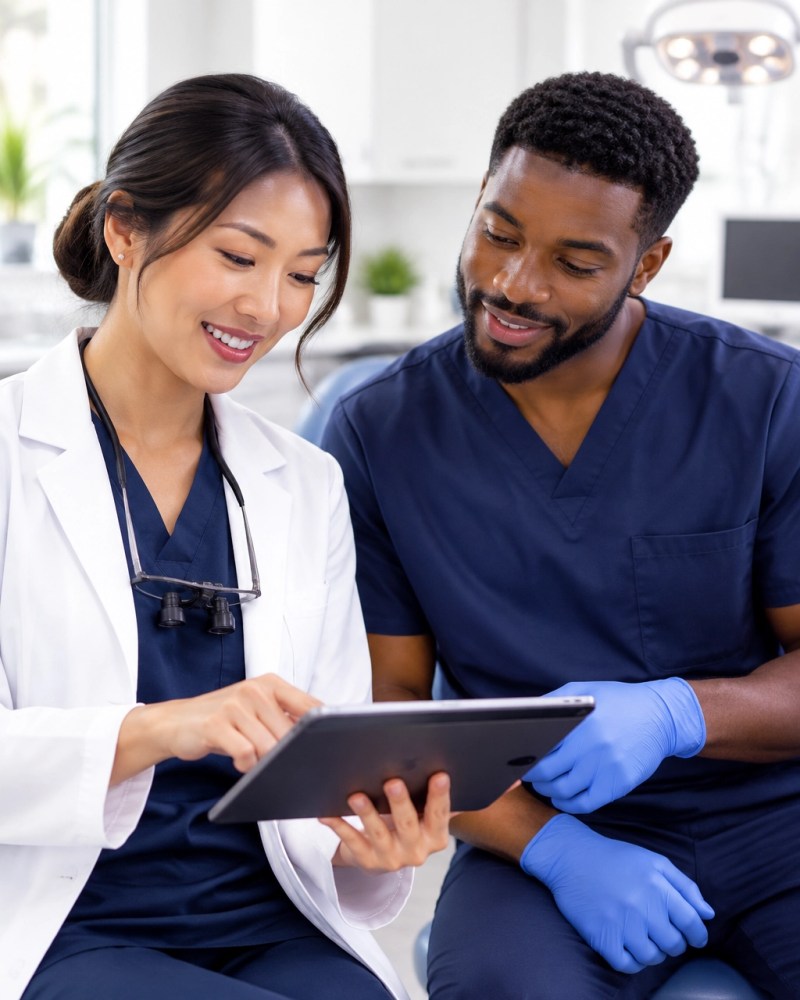 Dentist and assistant reviewing patient feedback and service notes on a tablet
