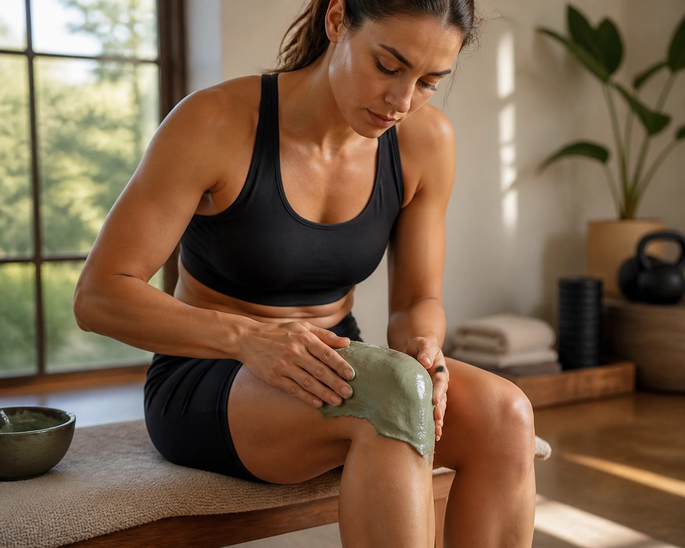 Athlete applying a French green clay poultice to a knee for sports recovery and muscle repair.