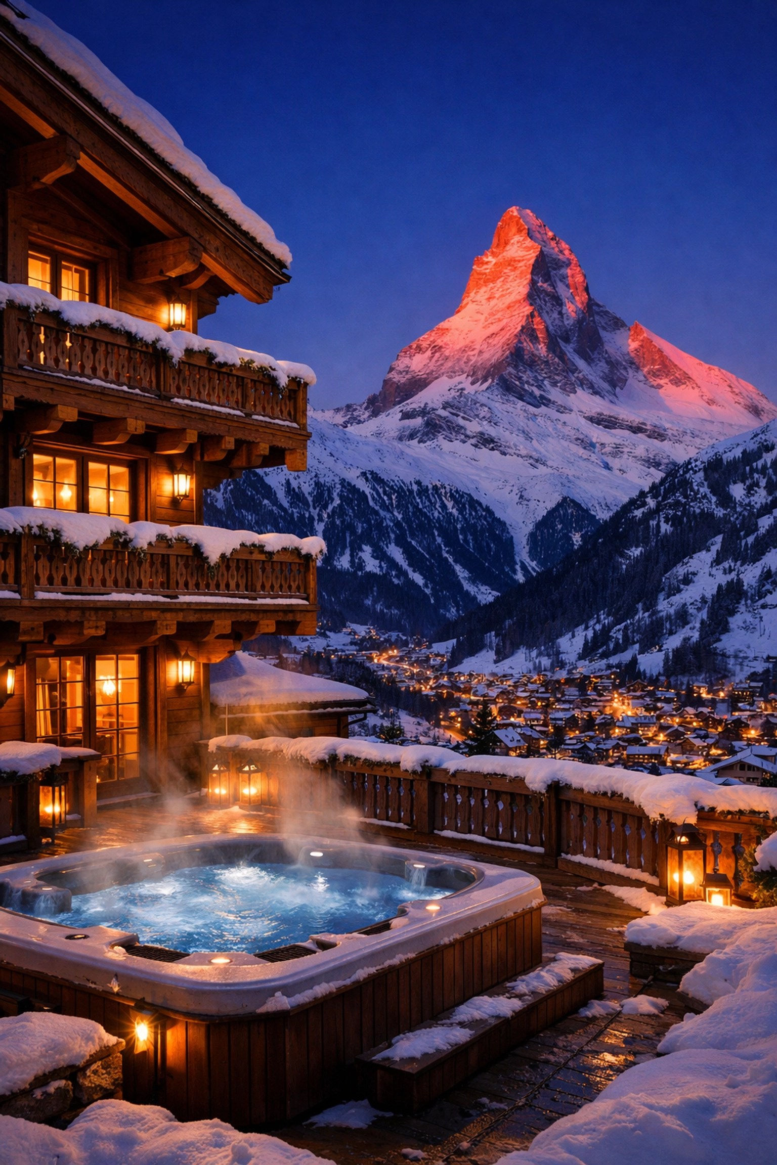 Traditional Swiss chalet in Zermatt with Matterhorn views and outdoor hot tub at dusk