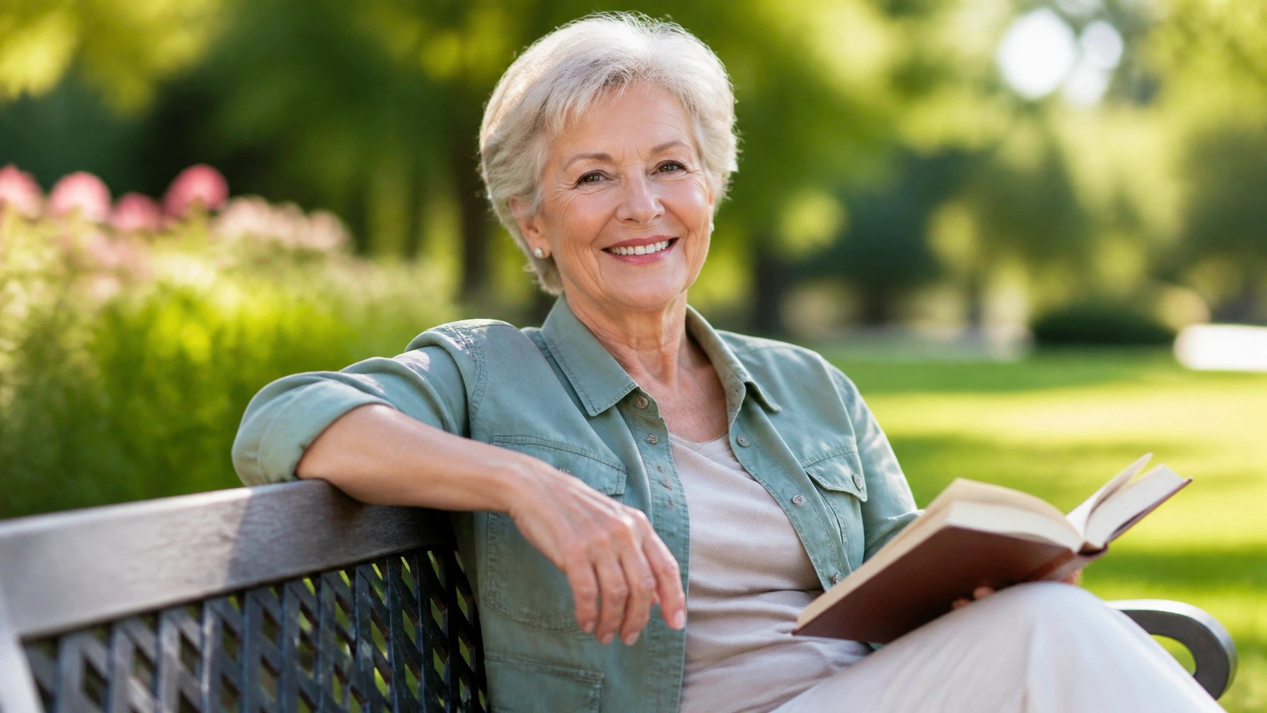 A happy senior adult enjoying retirement outdoors in a beautiful sunny park, feeling financially secure and peaceful