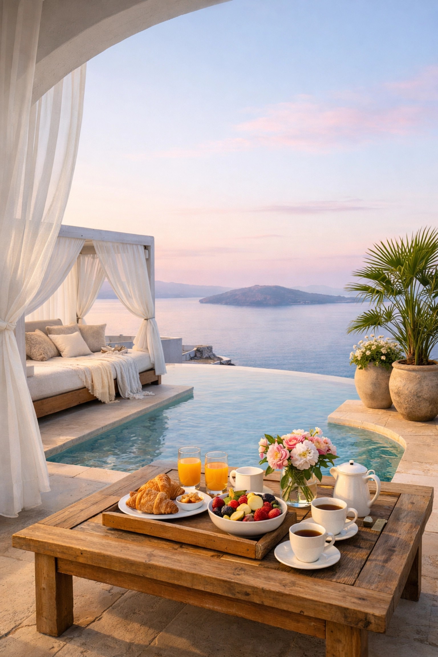 Private villa infinity pool overlooking Mediterranean Sea at luxury resort honeymoon destination