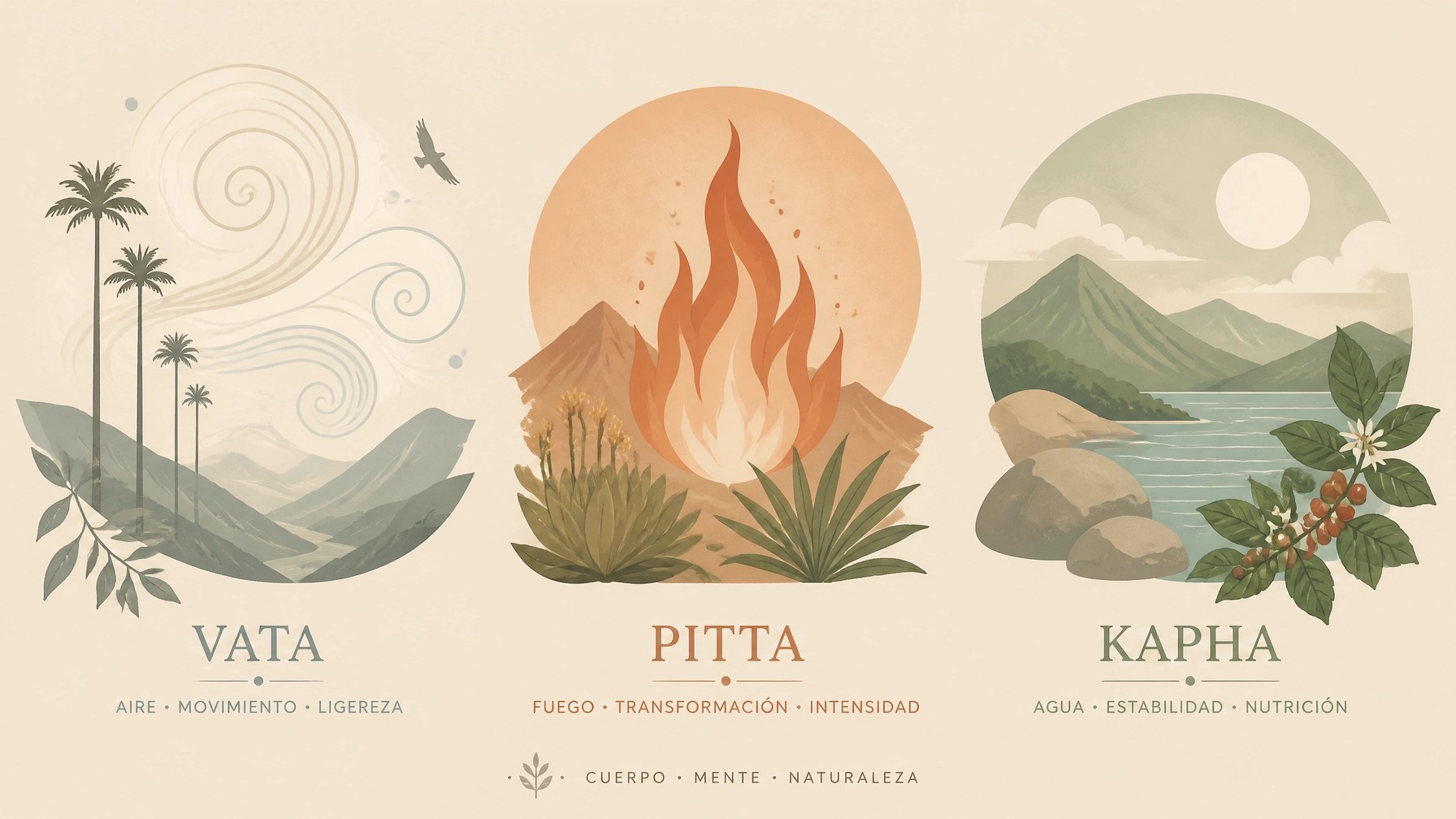 Representación artística de los tres doshas y el equilibrio natural