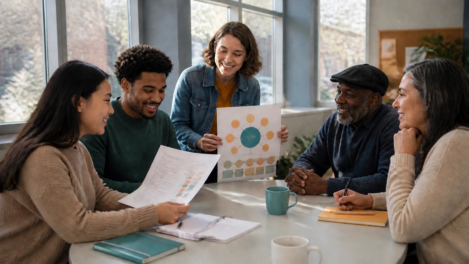 Three diverse college students presenting a printed project report to community nonprofit leaders in a bright classroom, with notebooks on the table