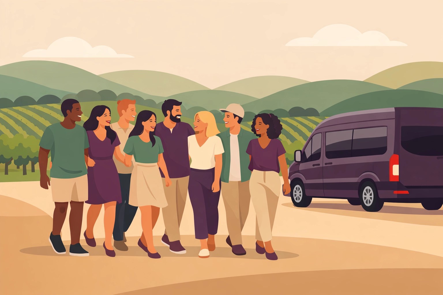Small group of friends walking to a luxury tour van at a Northern Virginia vineyard.
