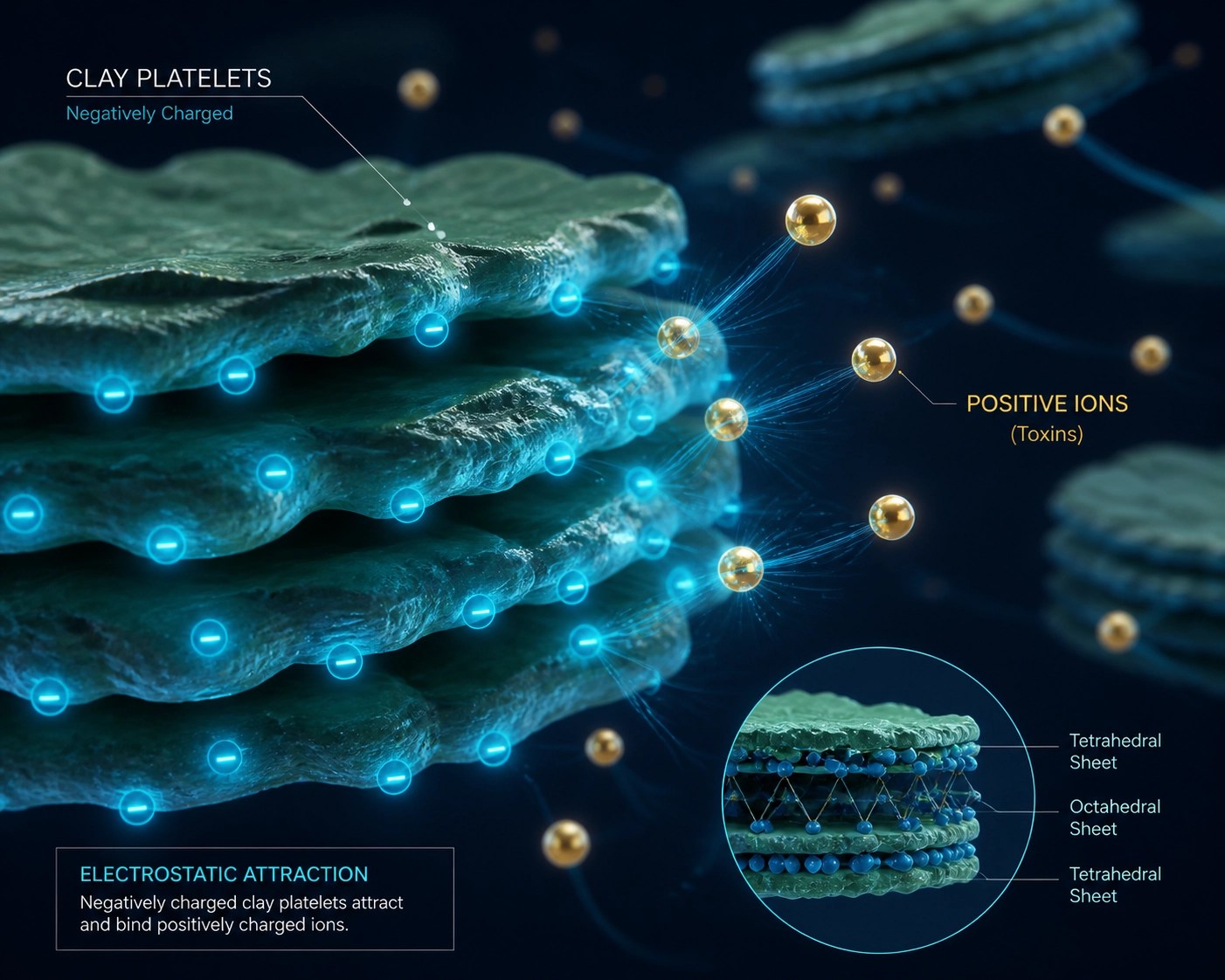 Microscopic view of clay mineral structure adsorbing toxins through negative charge for science-based detox.