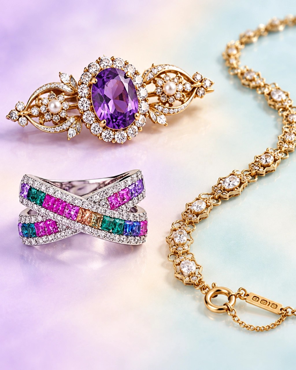 Estate jewelry arrangement featuring rings, brooches, and a vintage necklace