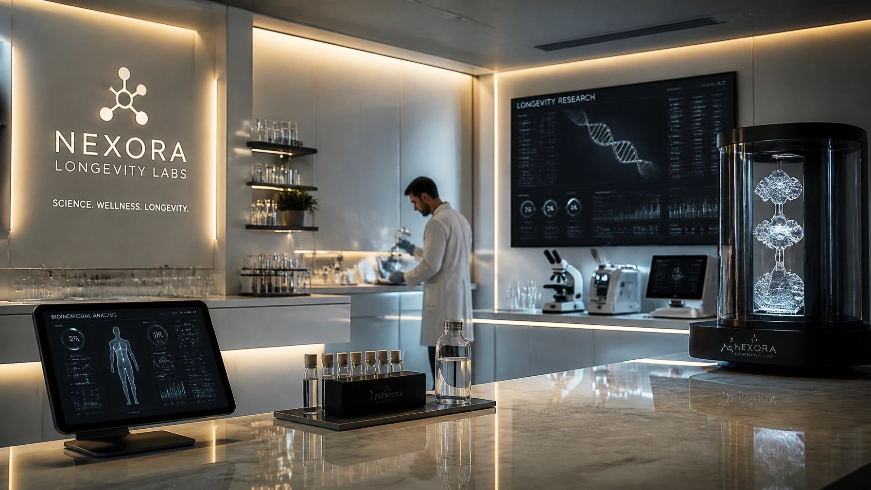 Luxury wellness laboratory setting with high-tech equipment and minimalist health and longevity vibe