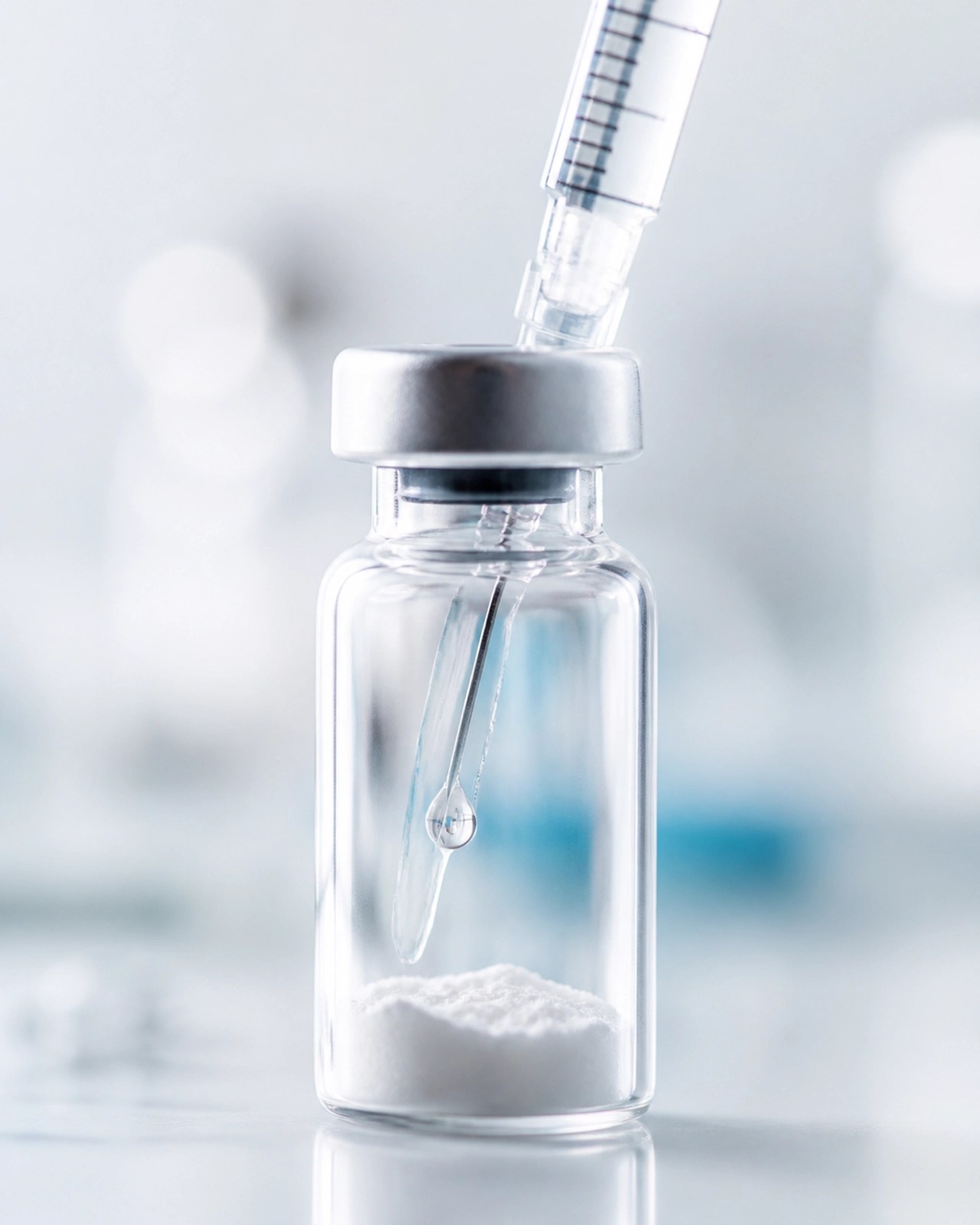 Macro photography of liquid dripping down the inside of a peptide vial