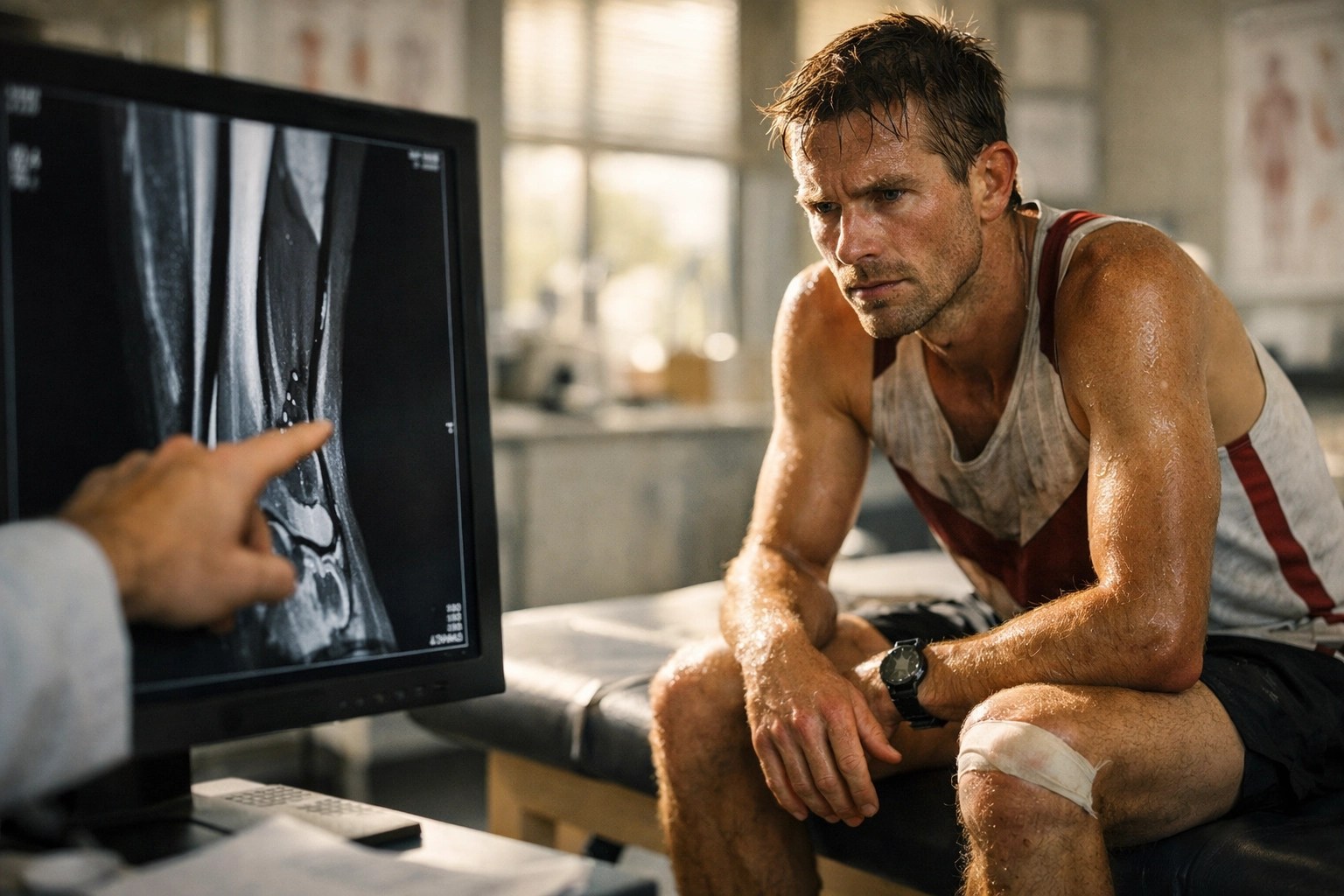 Professional athlete reviewing an MRI scan for a stress fracture diagnosis in a sports medicine clinic.
