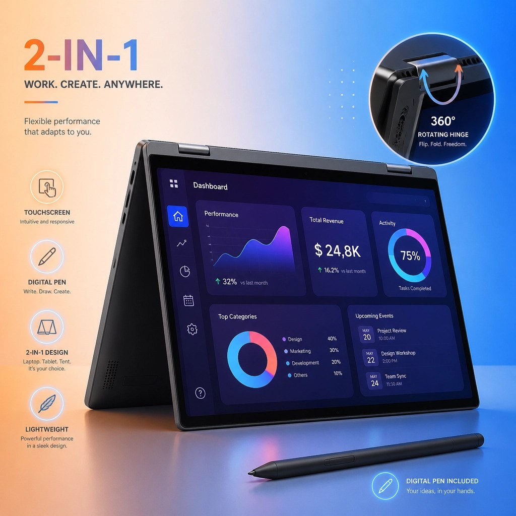 3D illustration of a 2-in-1 laptop in tent mode showing a digital dashboard