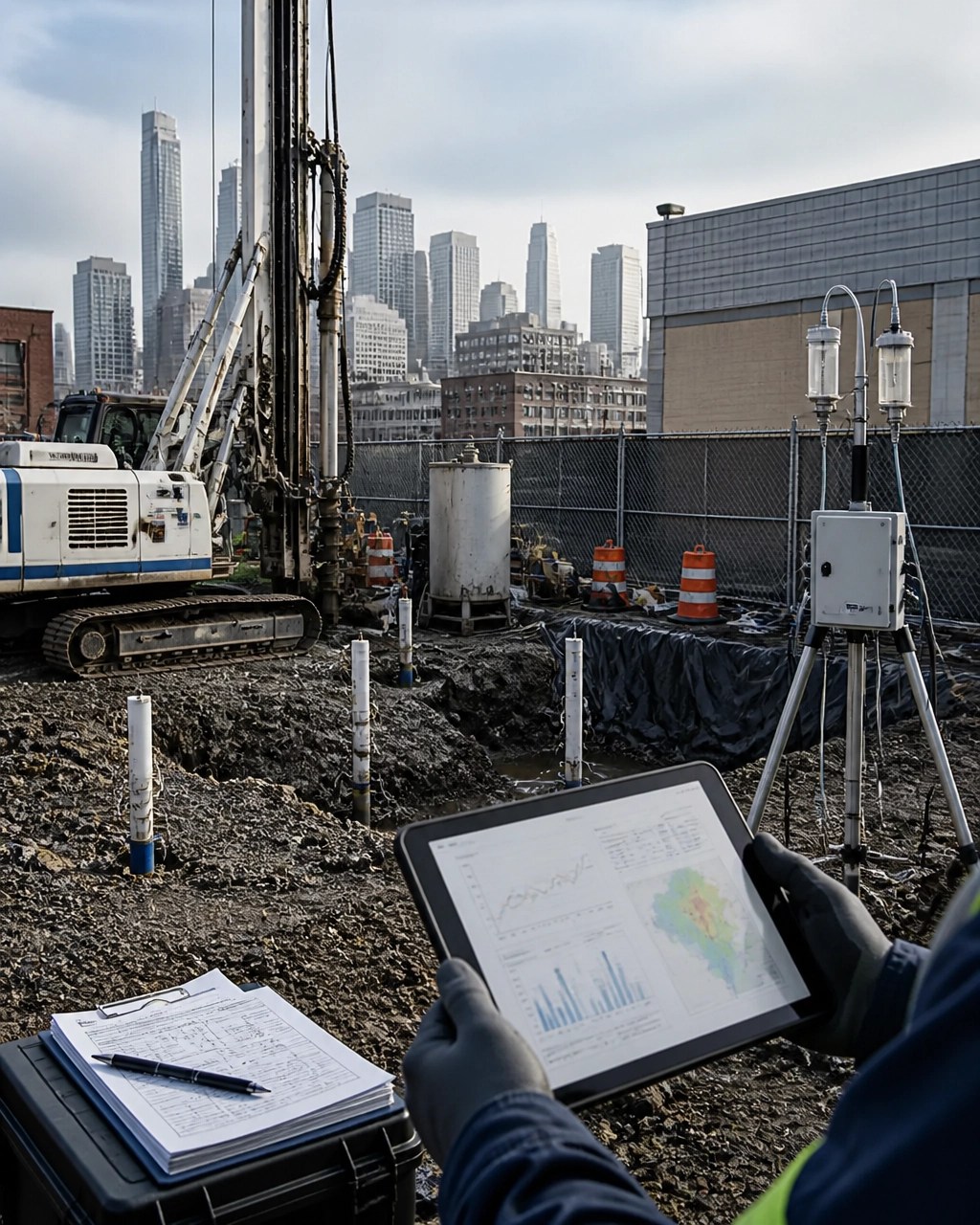 Urban NYC redevelopment site with drill rig, environmental controls, vapor monitoring equipment, and field tablet