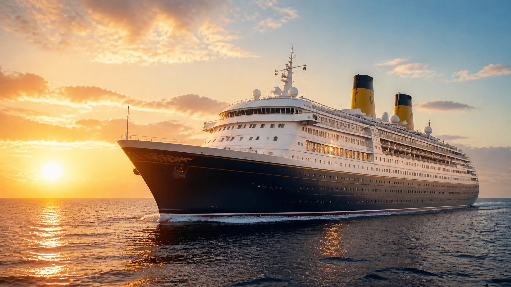 Classic ocean liner sailing across a calm Atlantic at sunrise with refined navy-and-gold detailing