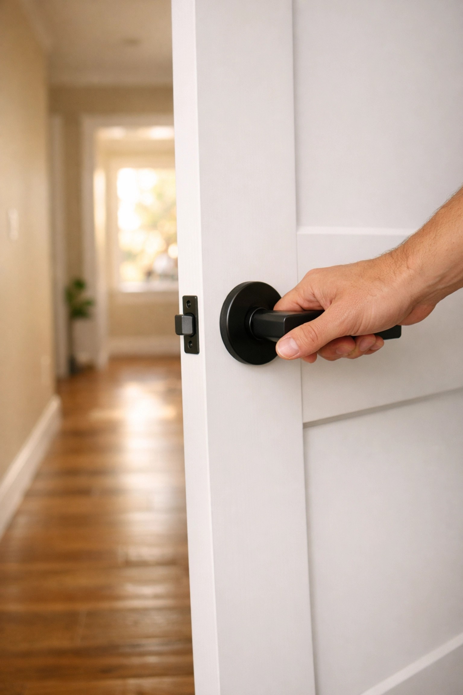 New interior door installation with contemporary hardware in home hallway