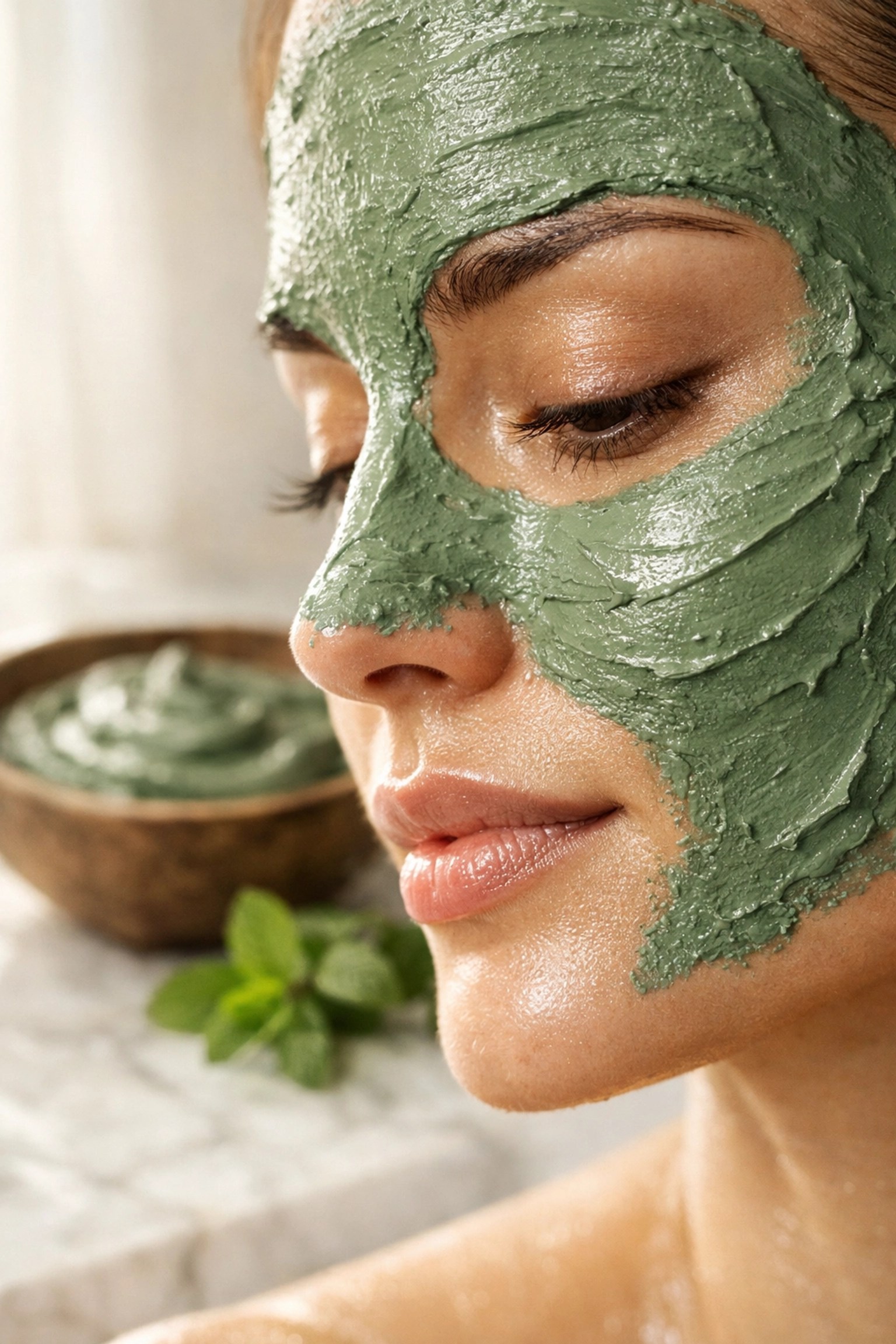 A person with a green mineral clay mask on their face for natural skin healing and detox.