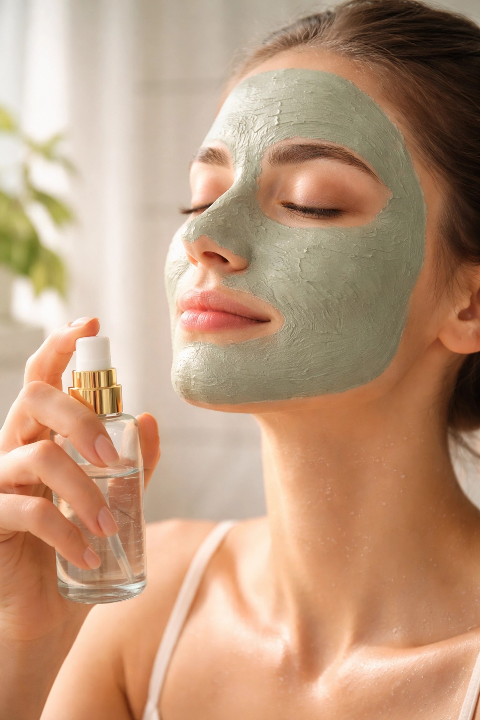 Woman applying green clay mask and misting face for gentle, customized skincare treatment at home.