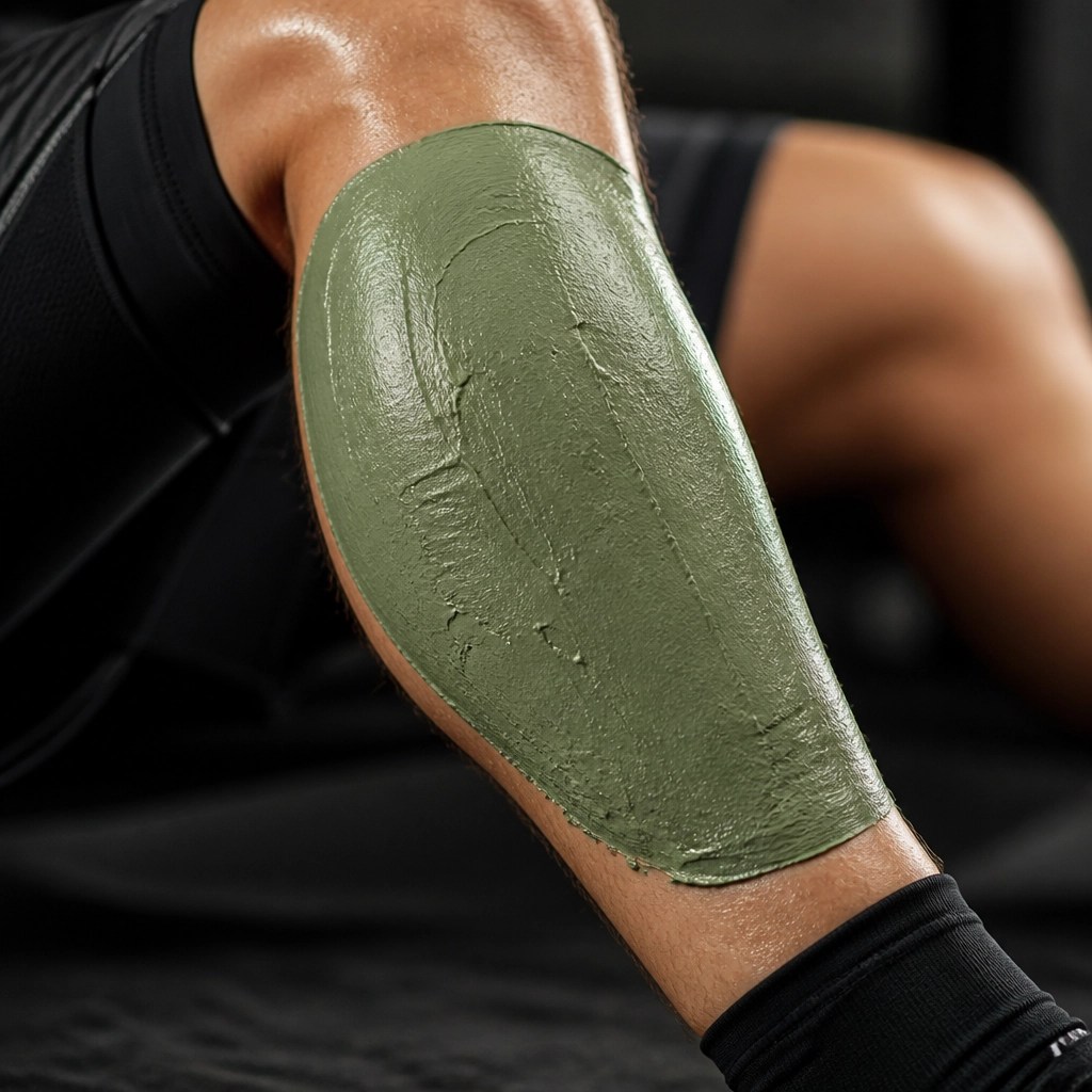 Close-up of an athlete's calf muscle with a smooth, thick layer of green clay applied for recovery.