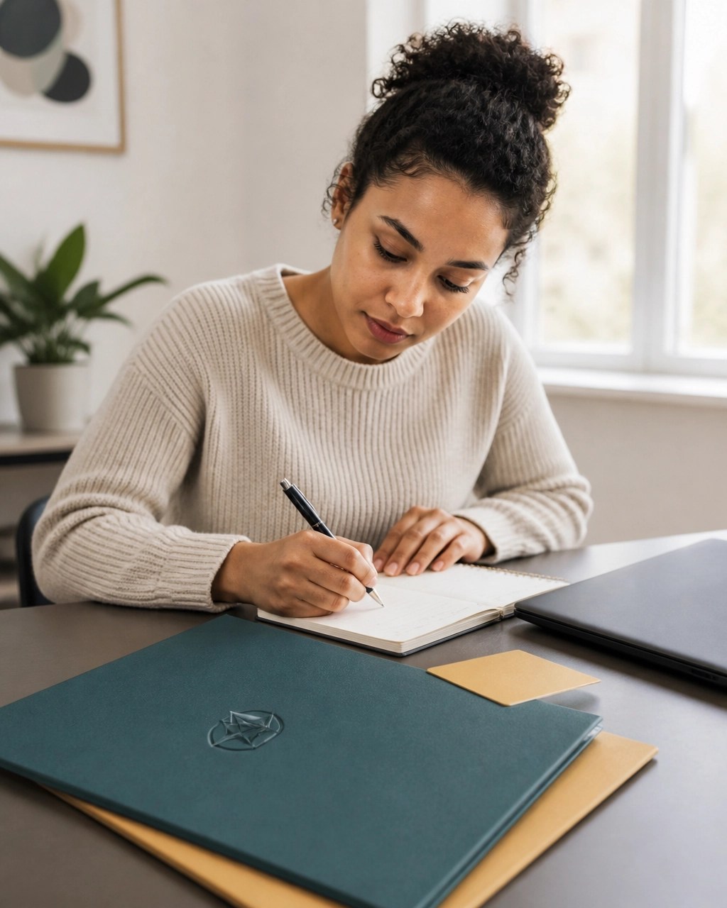 A student writing a thank you note and next step action plan after a professional conversation