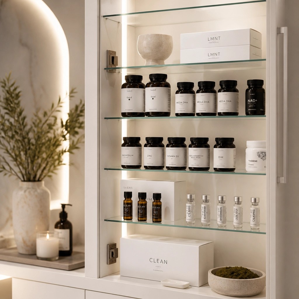 Minimalist wellness cabinet with arranged peptide vials
