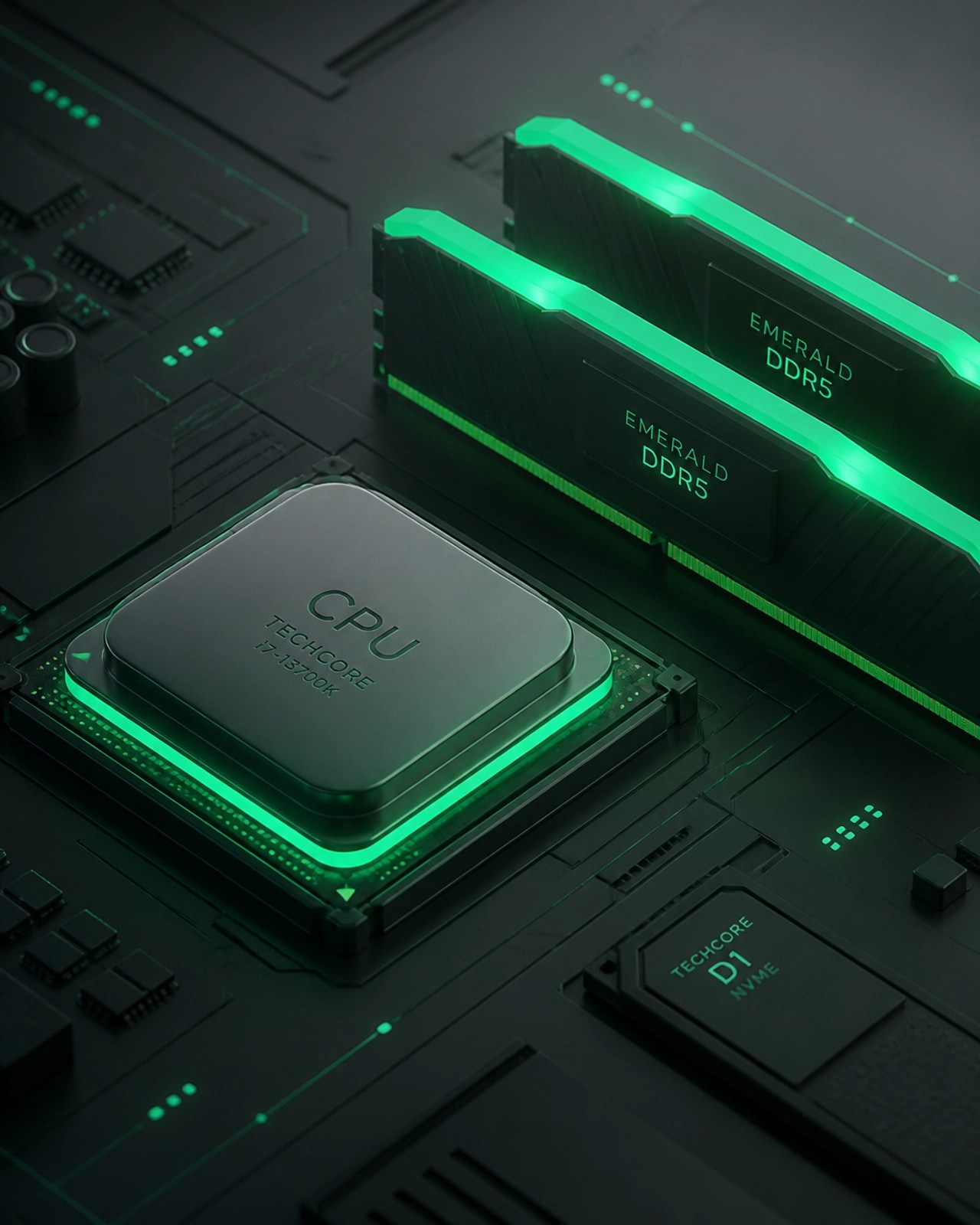 3D illustration of computer components like a CPU and RAM modules