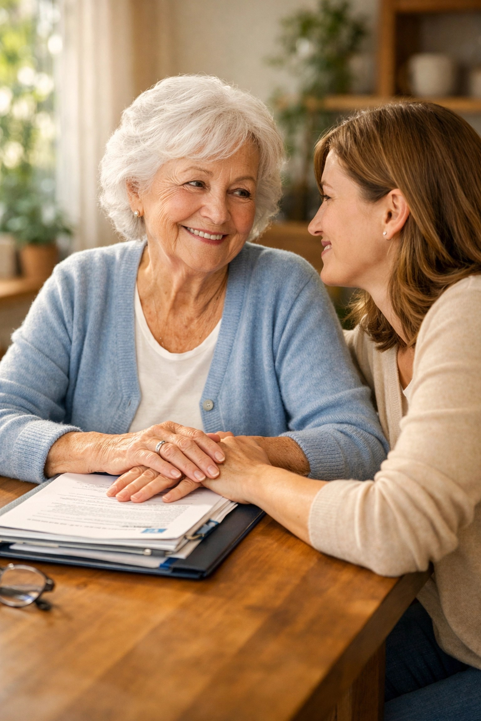 Senior woman and daughter reviewing final expense insurance documents to plan for funeral costs.