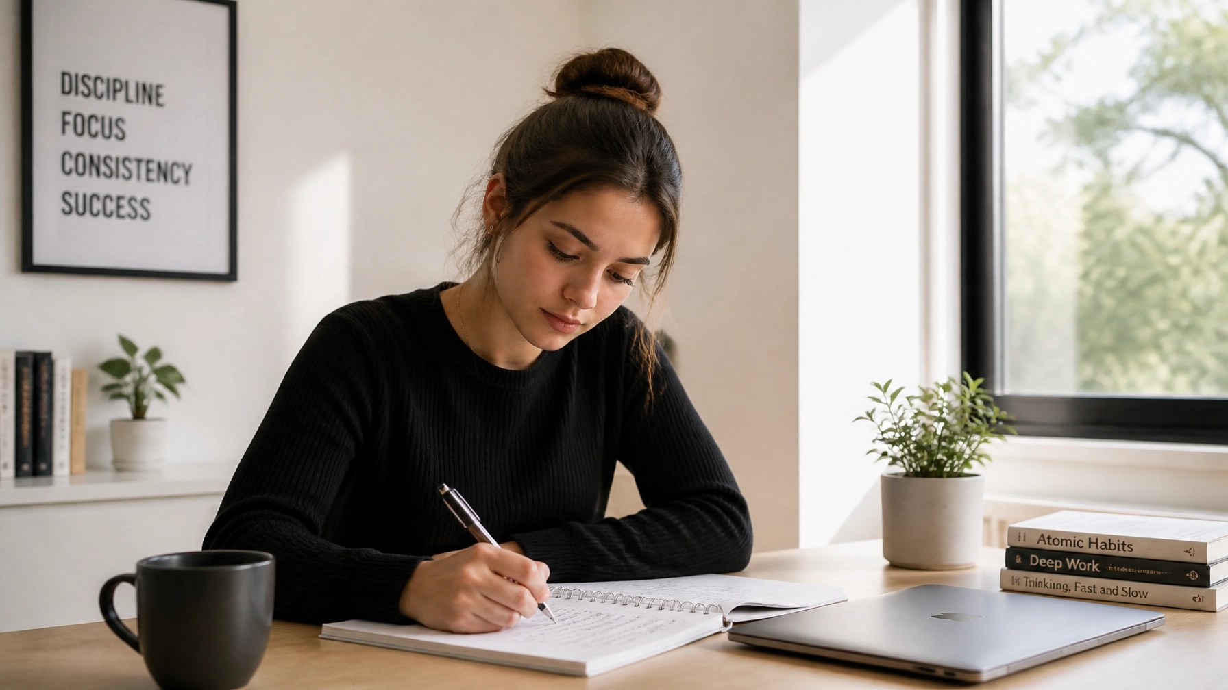 A focused student writing notes on paper with a pen at a minimalist desk