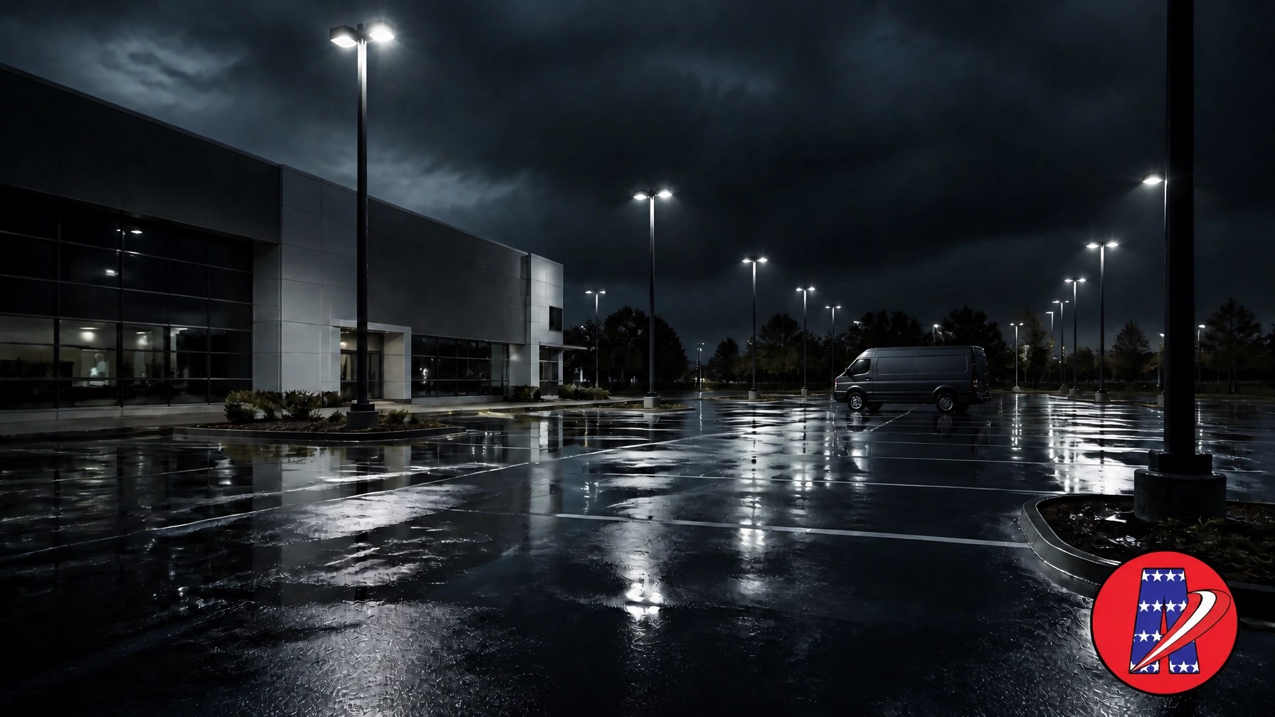 A wide shot of an empty dealership lot at night under a stormy sky with rain-slicked asphalt, featuring the Amaryllis Hail Repair logo.
