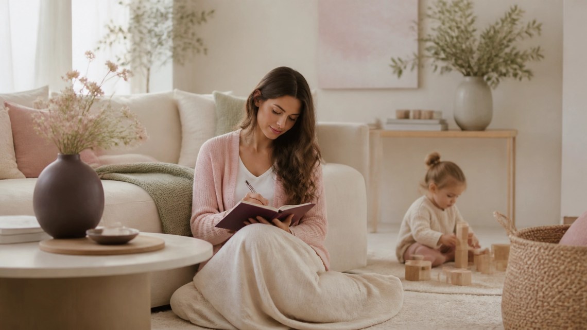 A serene woman journaling in a softly lit living room while a small child plays nearby, styled with an airy Spiritual Spa feel and gentle brand colors of Marshmallow Cream, Petal Pink, Misty Sage, Dusty Rose, and Deep Plum-Grey.