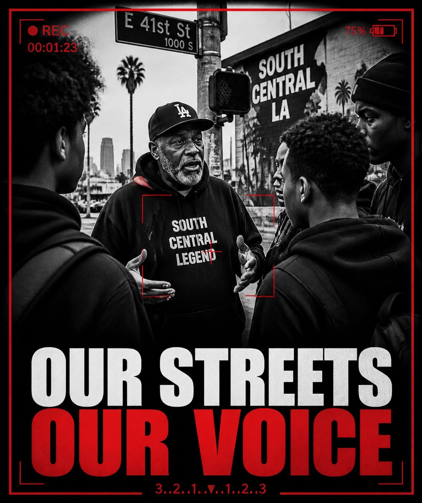 Local community elder mentoring youth on a Los Angeles street corner for social de-escalation.