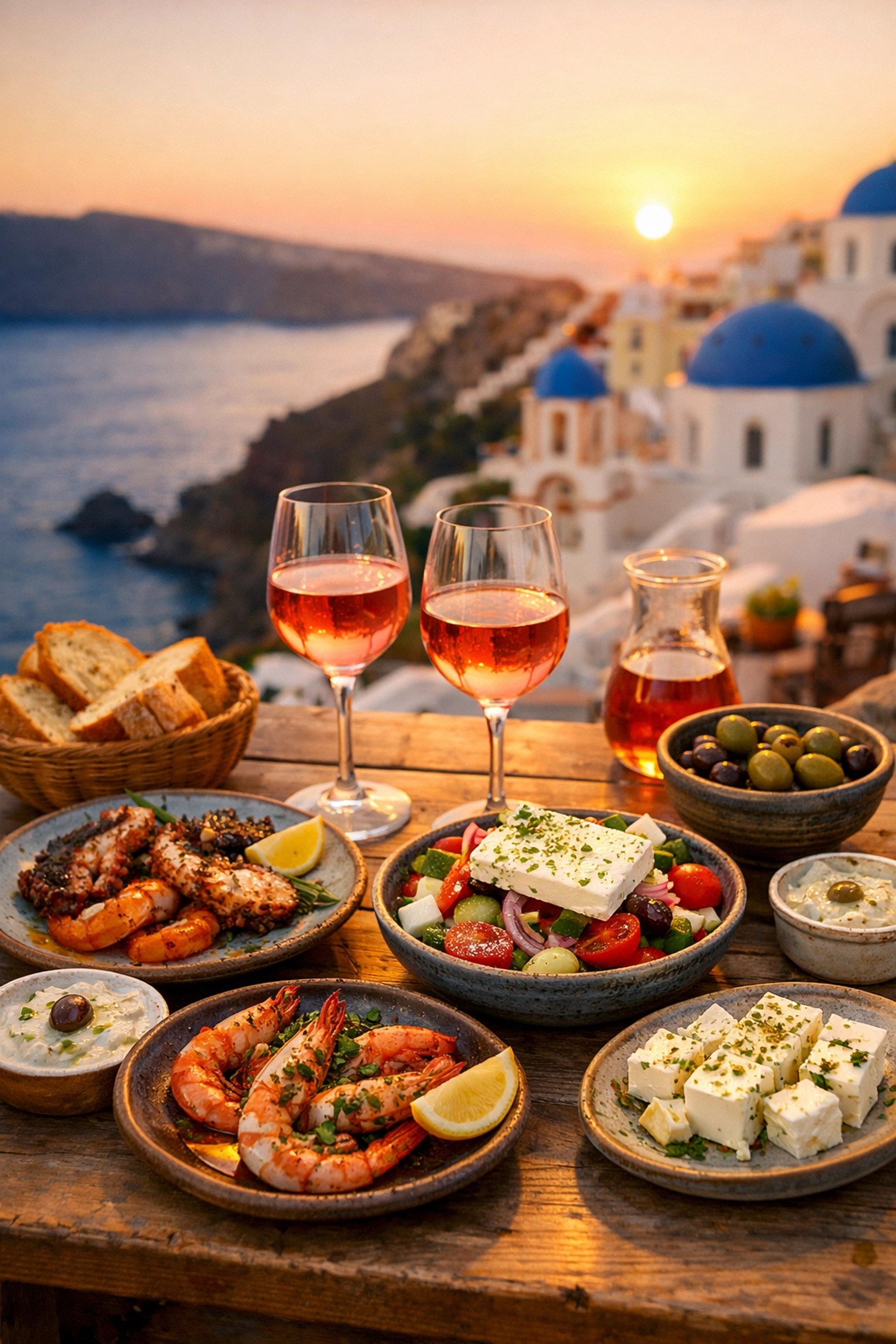 Greek taverna dinner table with fresh seafood overlooking Aegean Sea at sunset