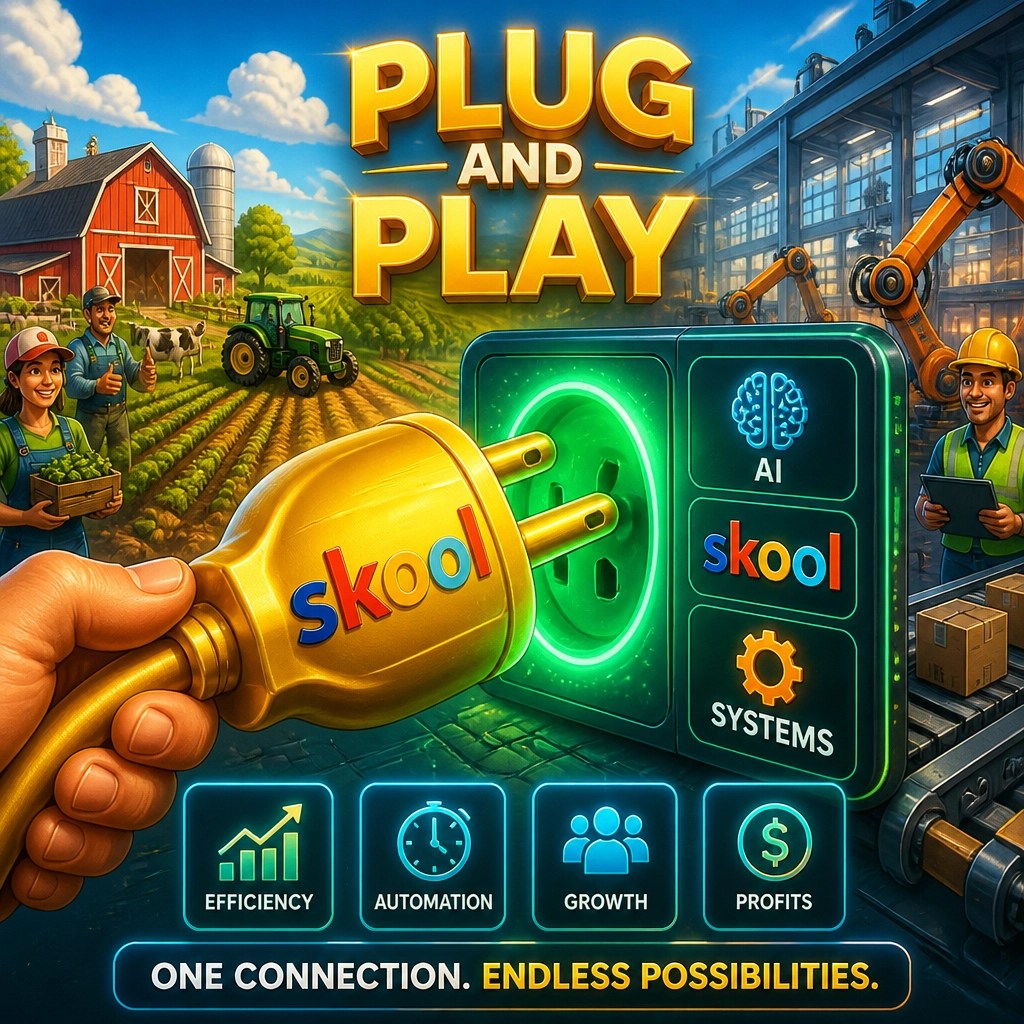 A 'Plug and Play' interface showing AI and Skool integration for maximum business efficiency.
