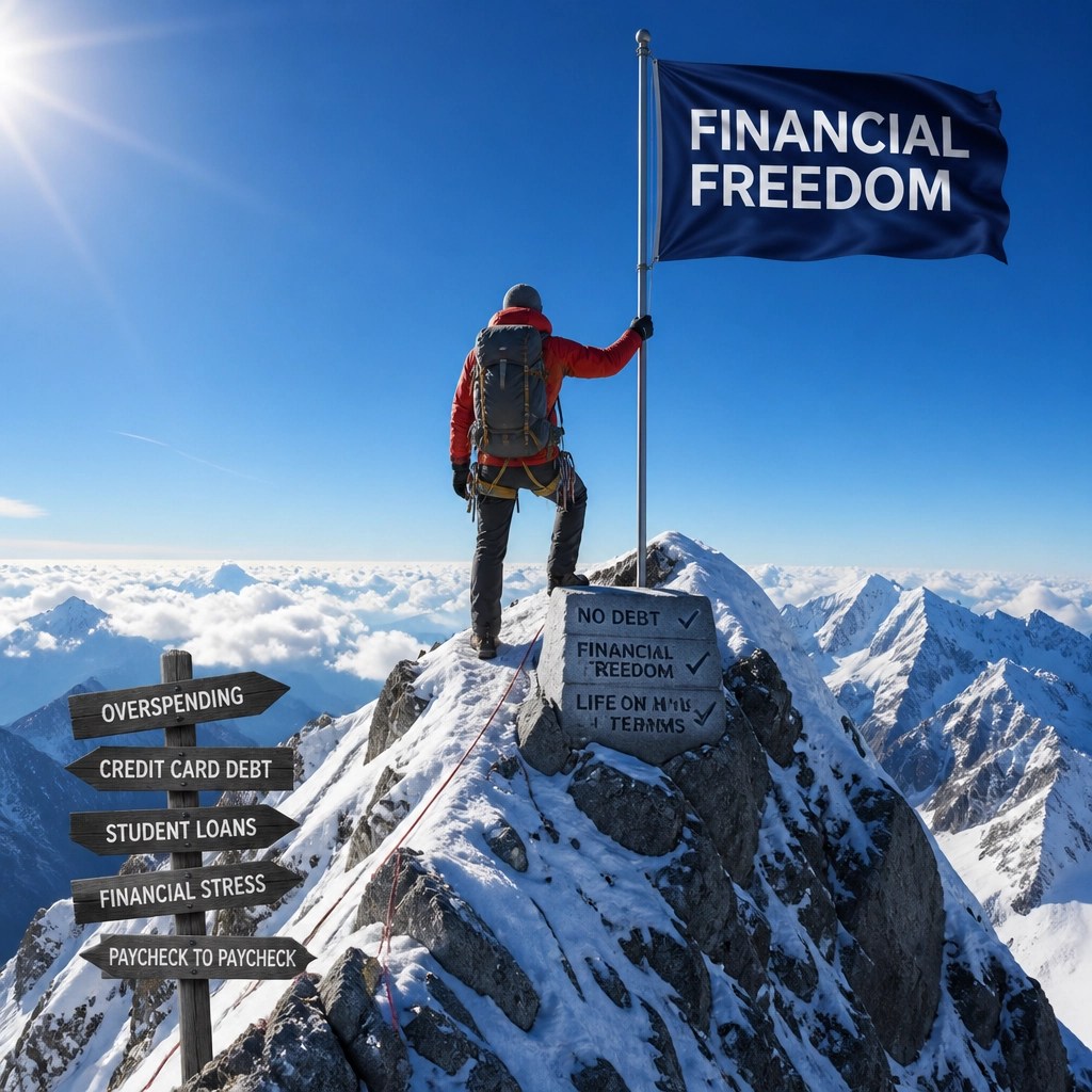Illustration of reaching the peak of financial freedom