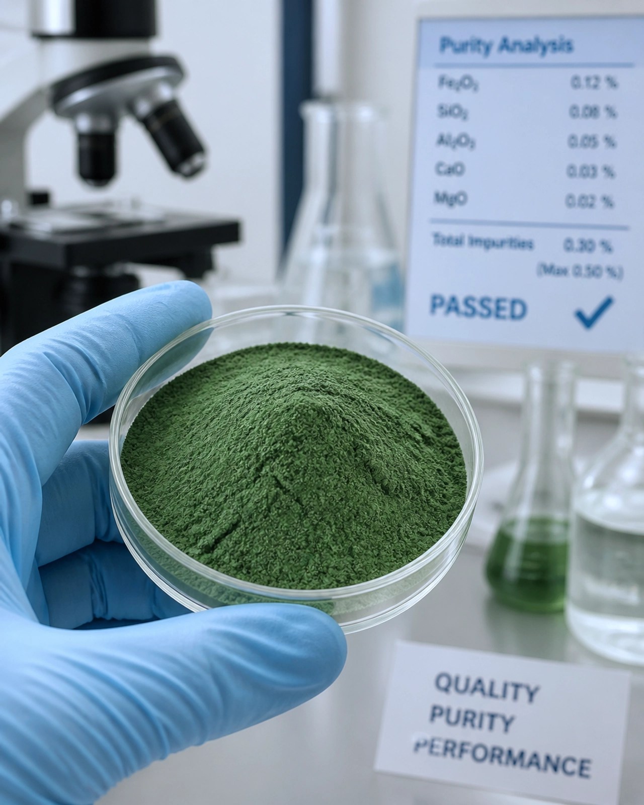 Close-up of a laboratory setting where green clay is being analyzed, highlighting the scientific rigor behind high-quality healing clays.
