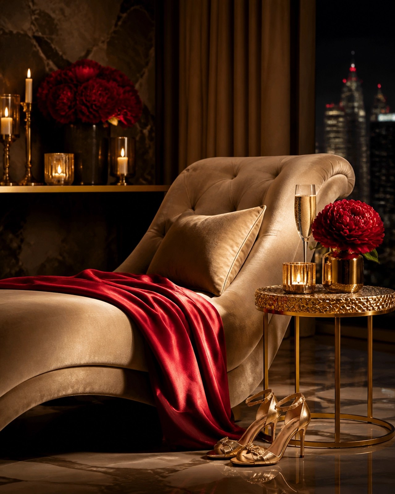Regal feminine receiving energy in an opulent gold and cream interior