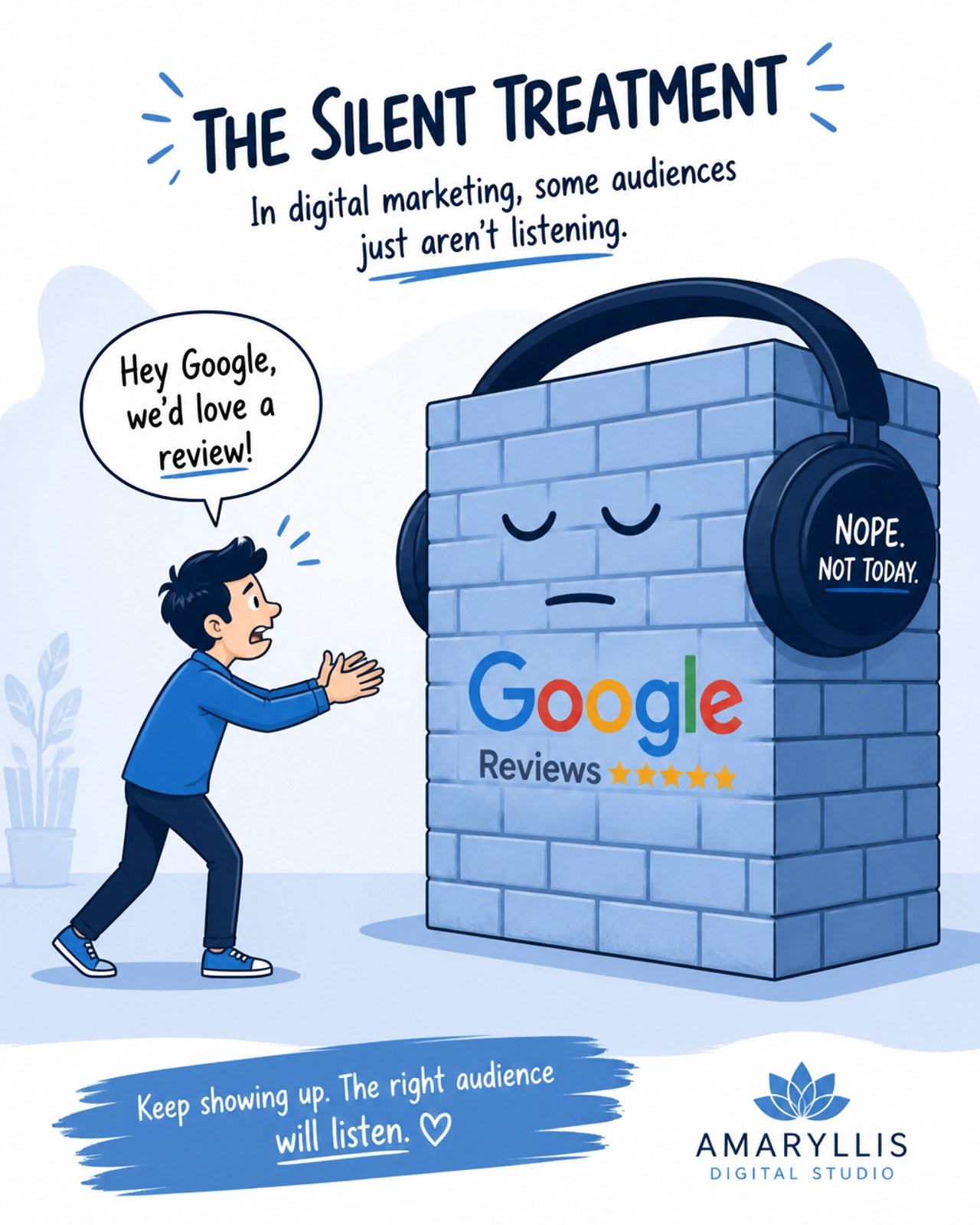A person trying to talk to a brick wall with a Google Reviews logo, representing a business ignoring its customers