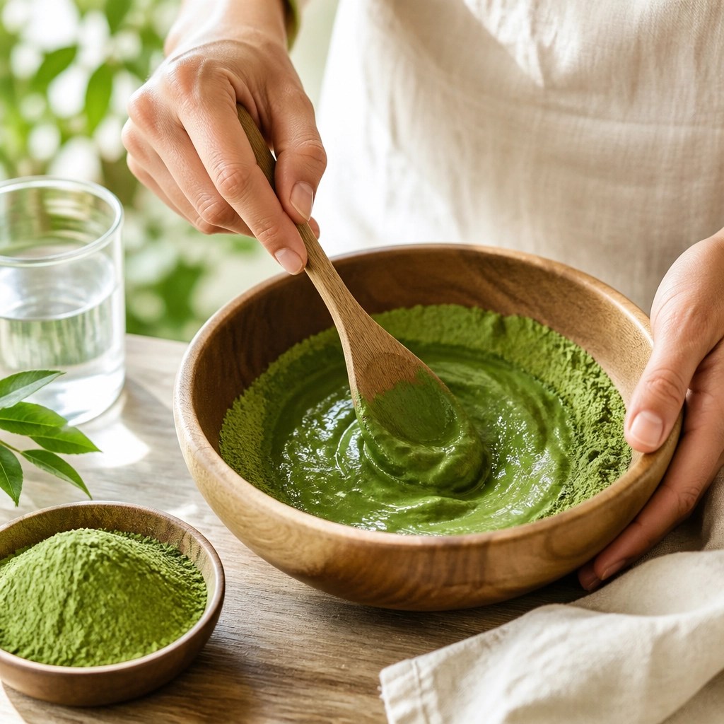A person mixing green clay powder with water in a wooden bowl using a wooden spoon. The green powder is fine and vibrant.