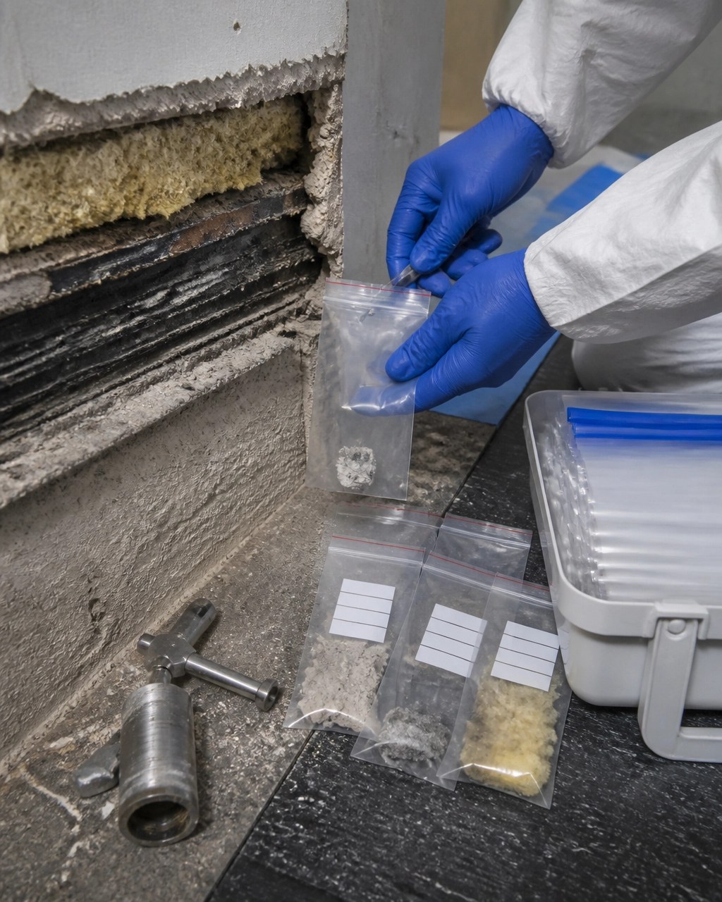 Gloved technician collecting a bulk sample from layered commercial building materials
