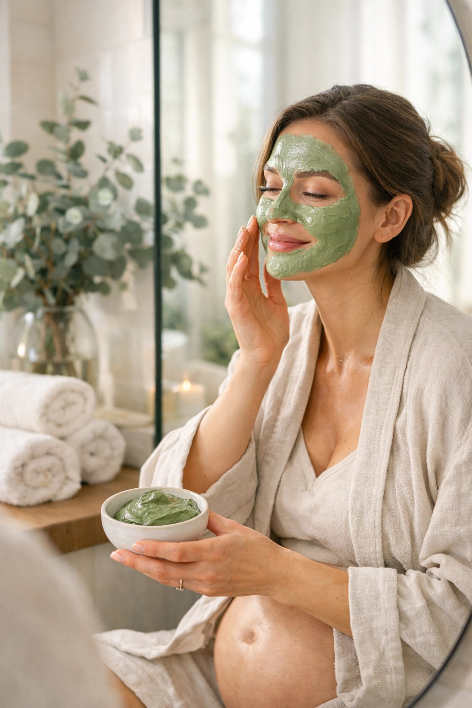 Pregnant woman applying a natural French green clay mask for hormone-safe skincare and facial detox.