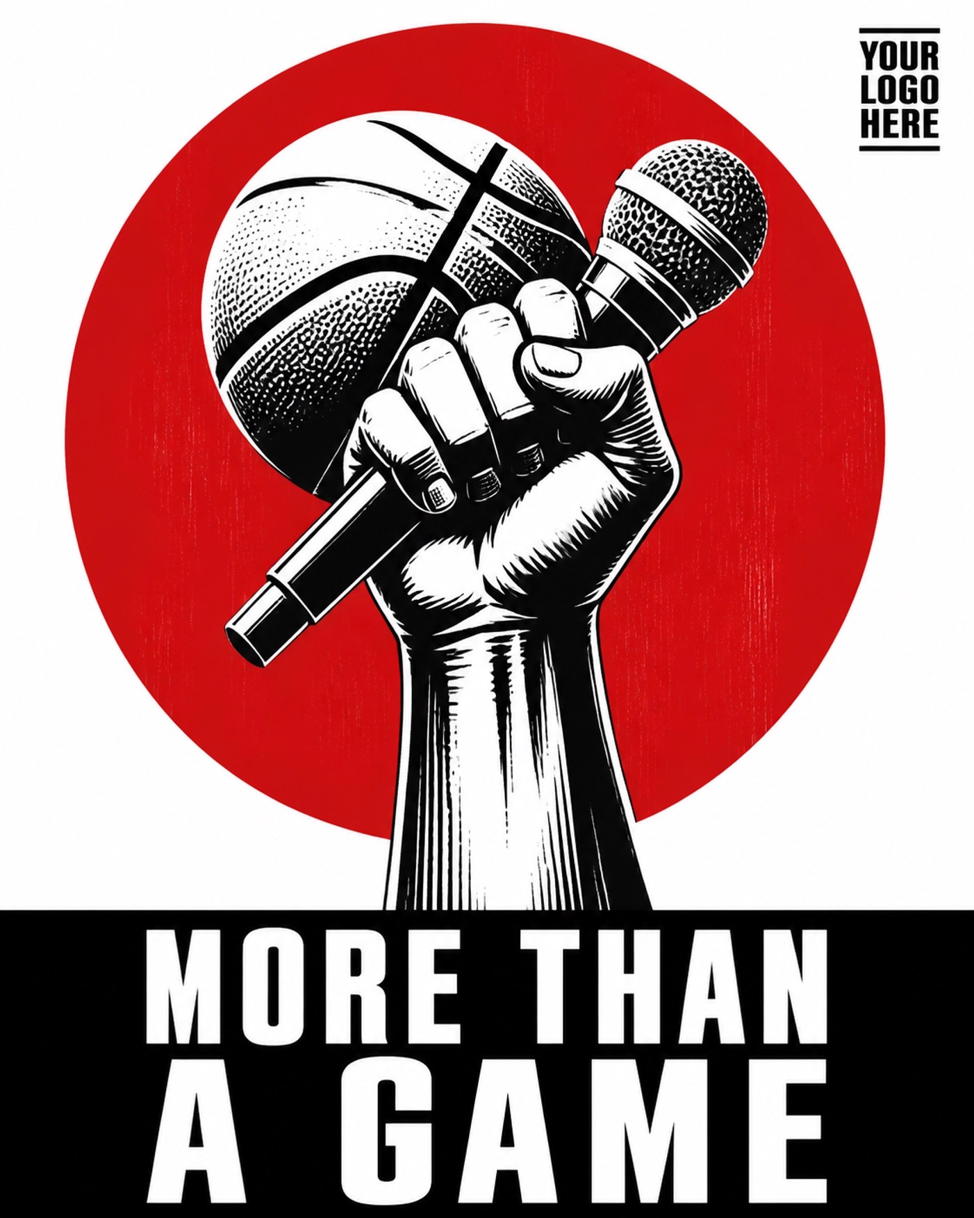 Powerful illustration of a raised fist clutching a basketball and microphone for cultural empowerment.