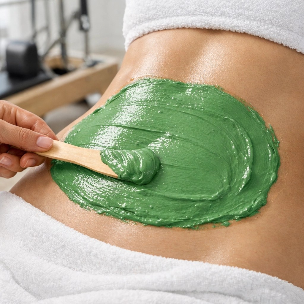 Application of French green clay on the core for post-Pilates muscle inflammation recovery.