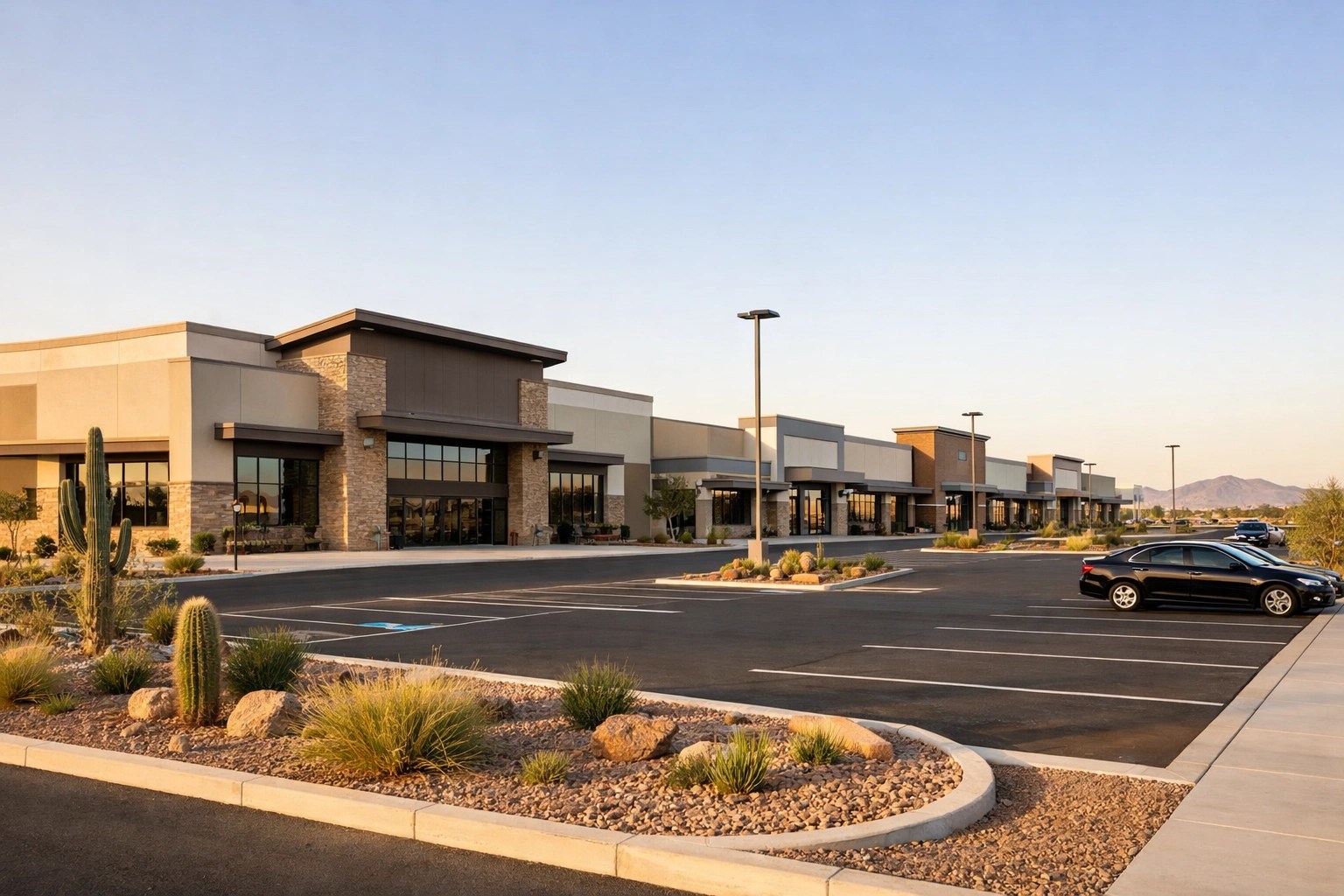 Exterior of a modern grocery store in the new Casa Grande mixed-use development at sunset.