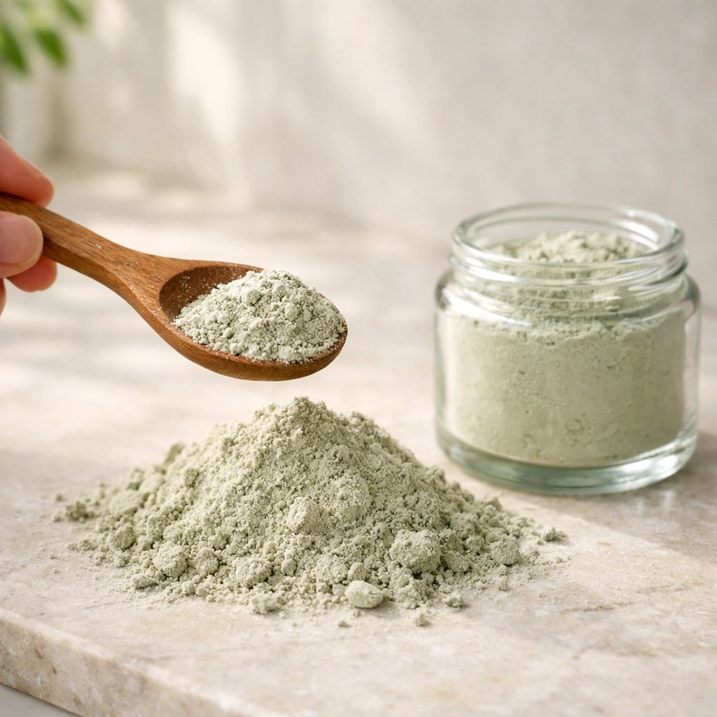 Pure food grade green clay powder being scooped with a wooden spoon for a natural detox.