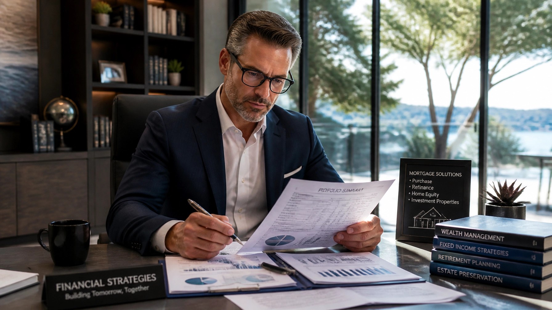 A high-end executive reviewing financial portfolios and mortgage documents in a sunlit luxury contemporary home office