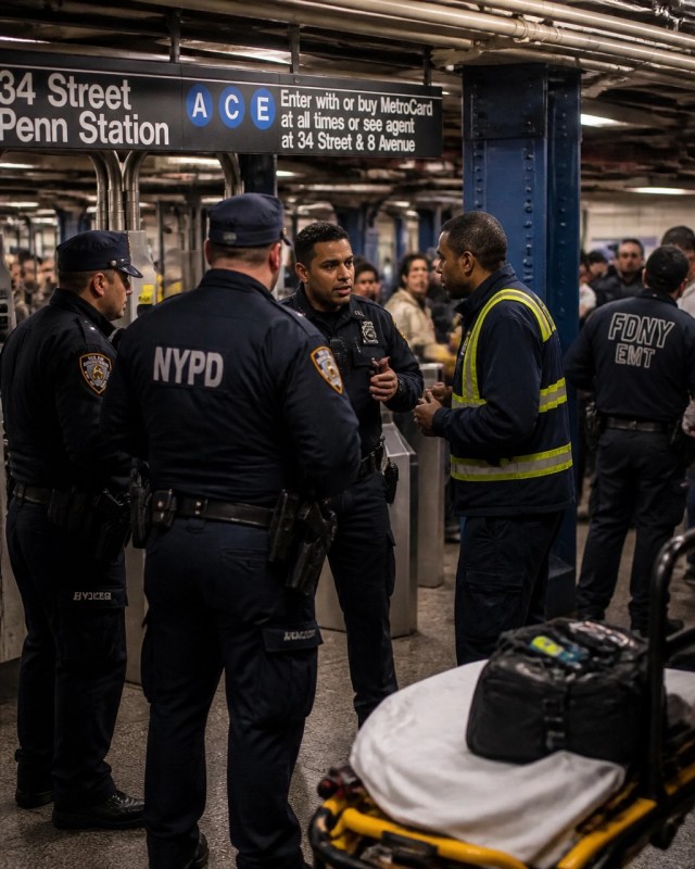 Uniformed officers and transit staff coordinating after a reported assault in a New York City subway station