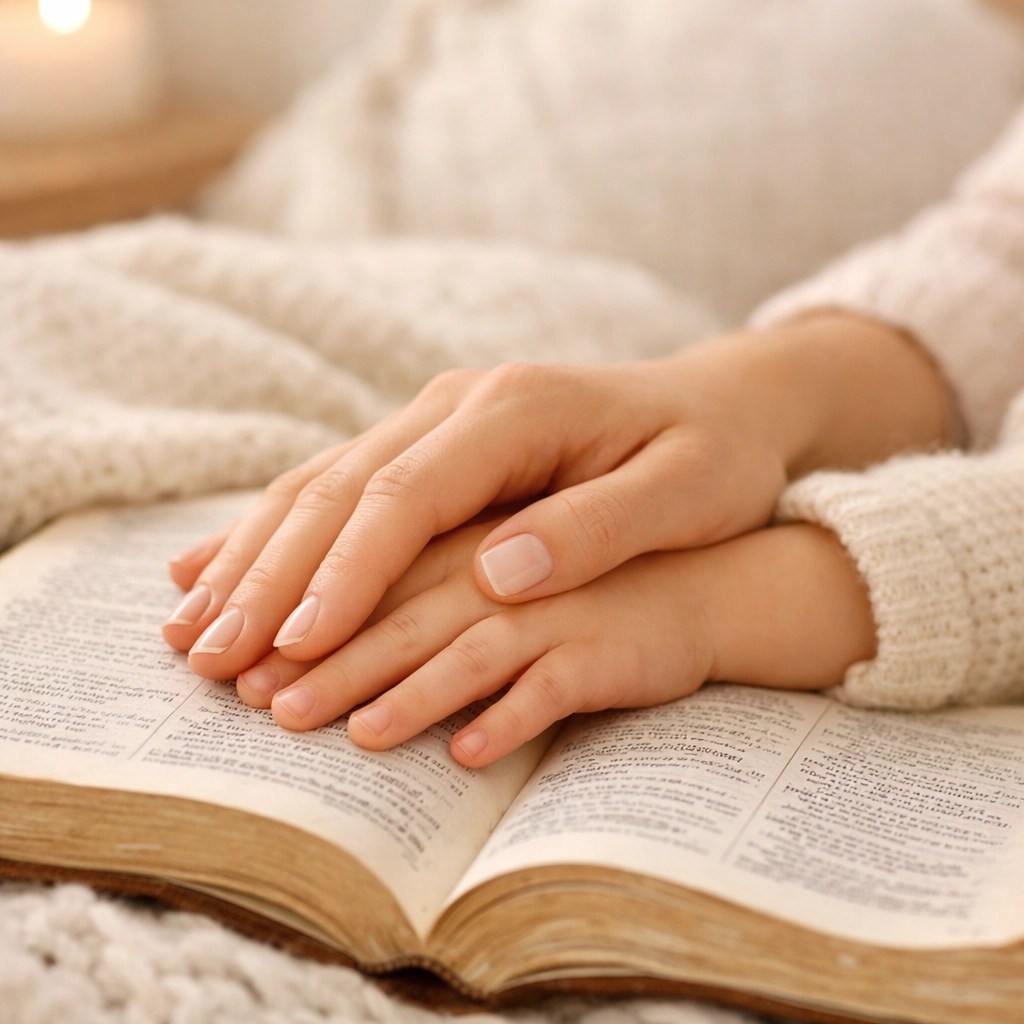 Mother and child's hands on an open Bible, showing a family focused on Kingdom priorities.