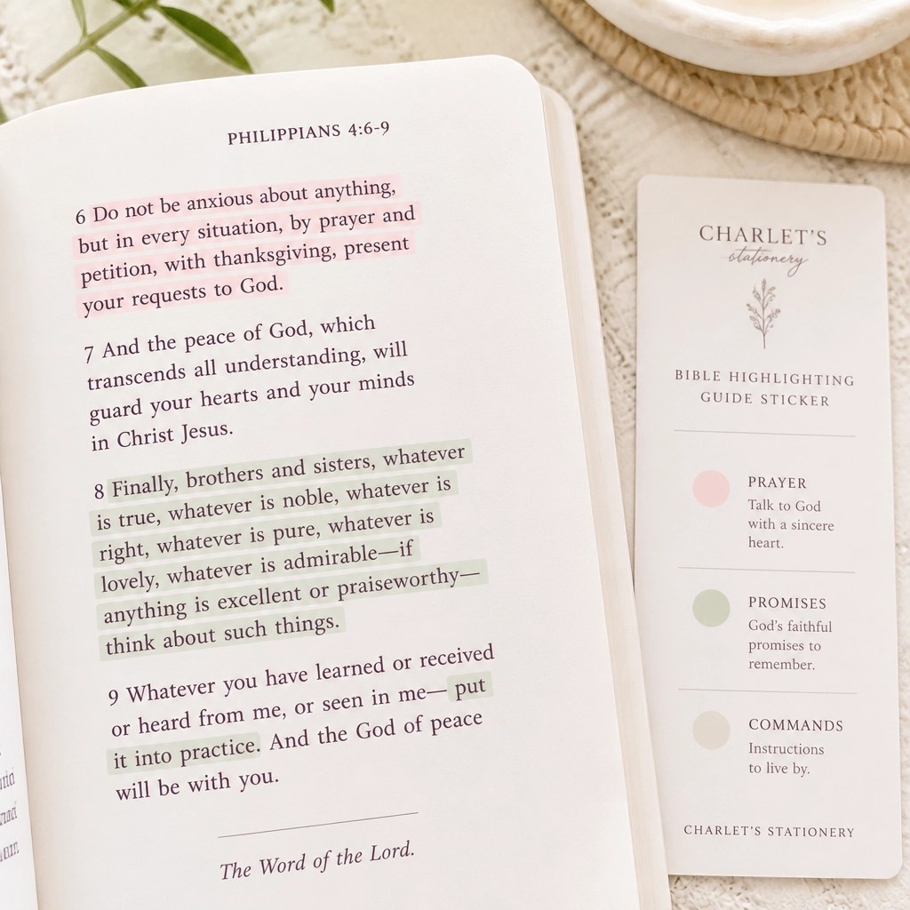 Close-up shot of a Bible page with intentional highlighting in soft Petal Pink and Misty Sage