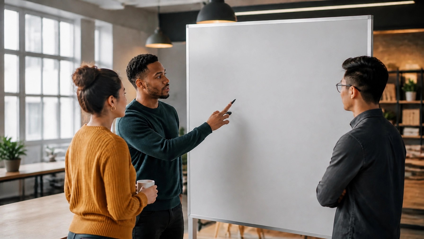 Three diverse early career professionals listening and solving a workplace challenge together around a blank whiteboard