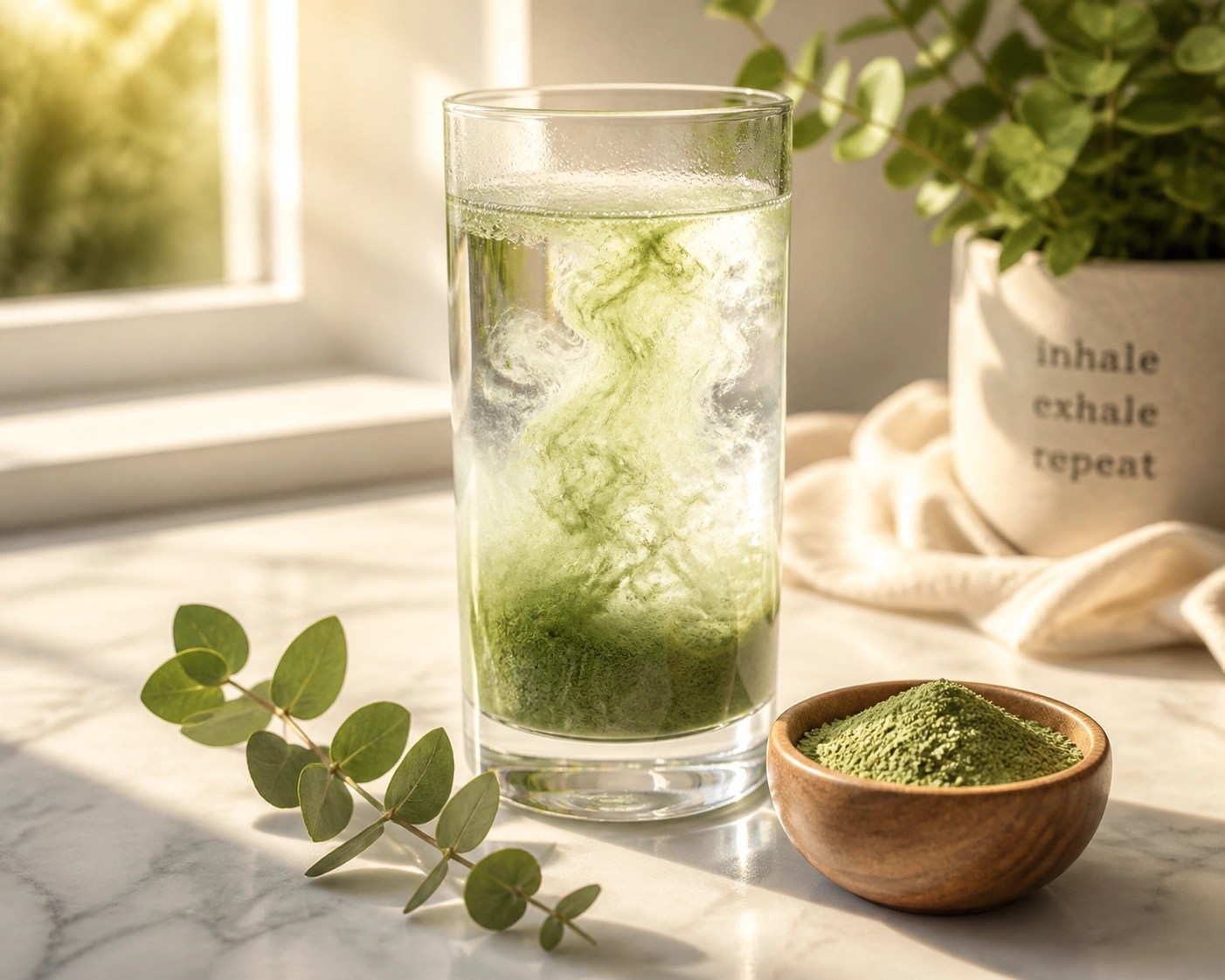 A glass of water mixed with mineral-rich green clay for internal detox and digestive health.
