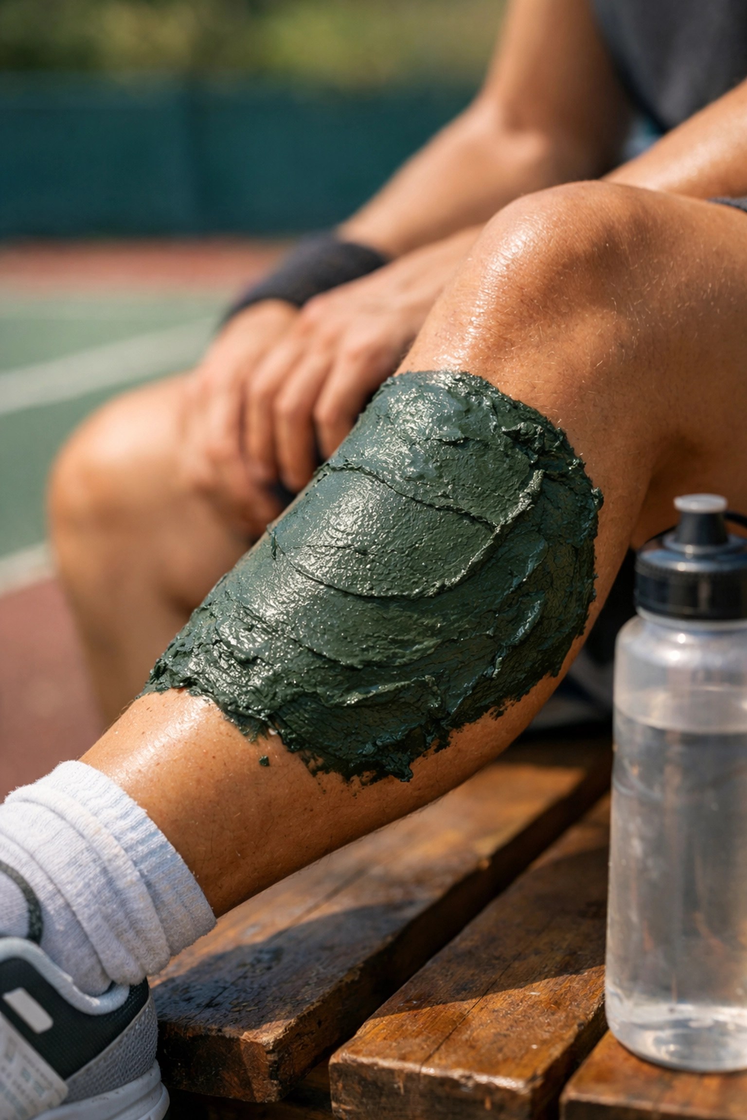 A thick green clay poultice applied to a tennis player's ankle for joint relief and recovery.